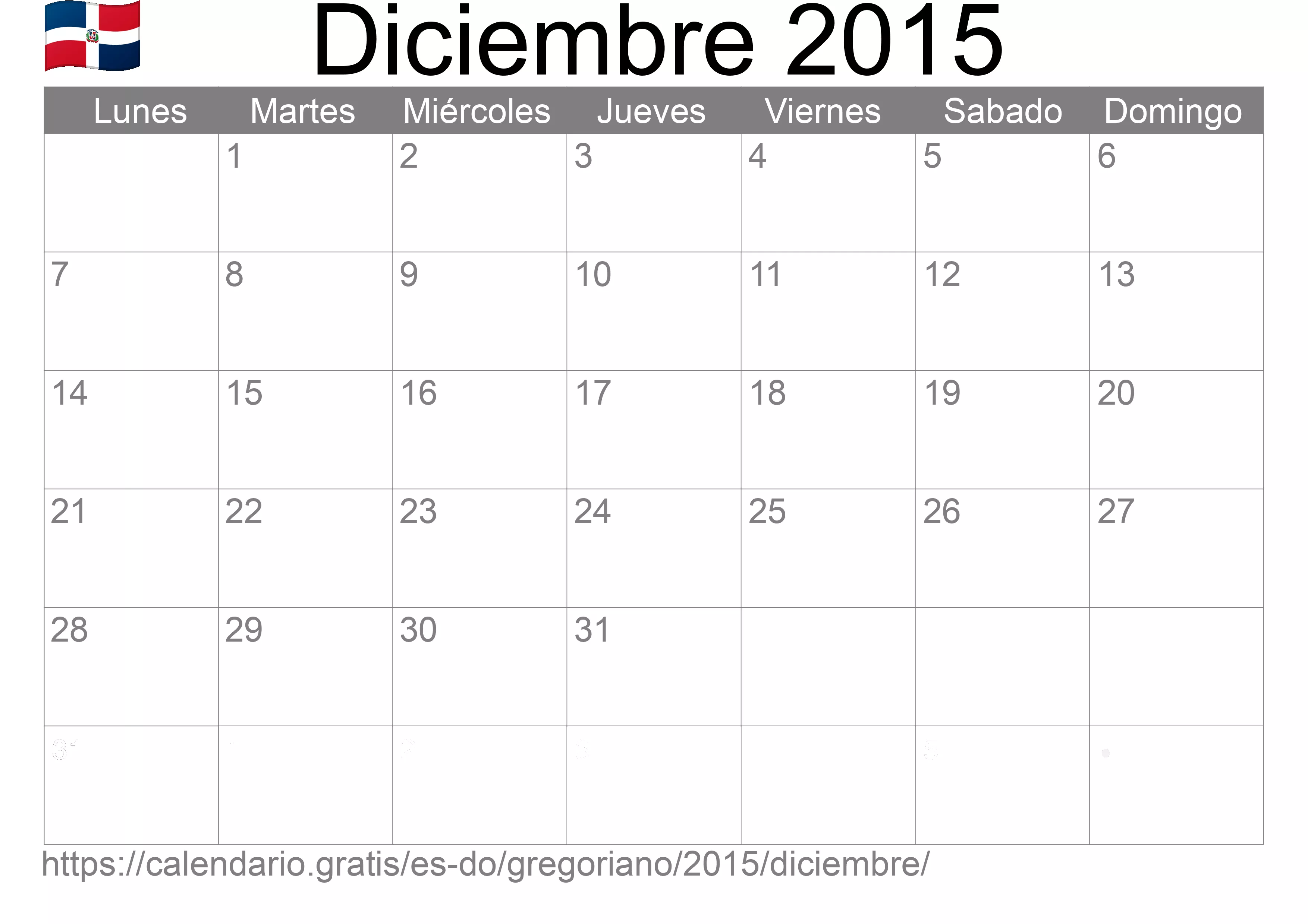 Calendario Diciembre 2015 para imprimir (República Dominicana)