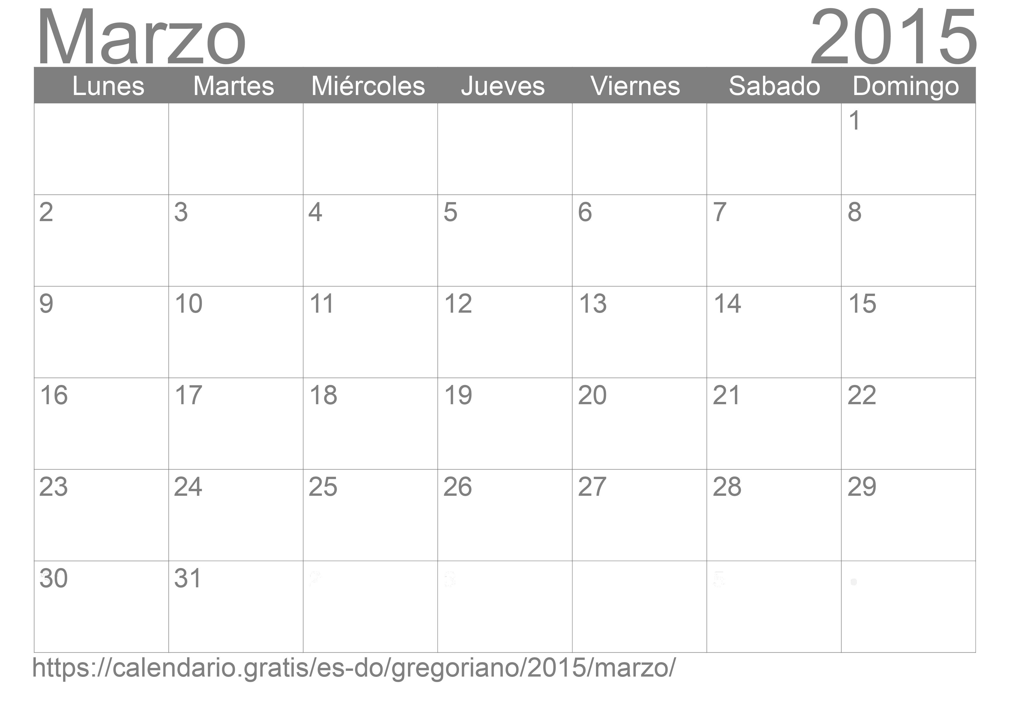 Calendario Marzo 2015 para imprimir