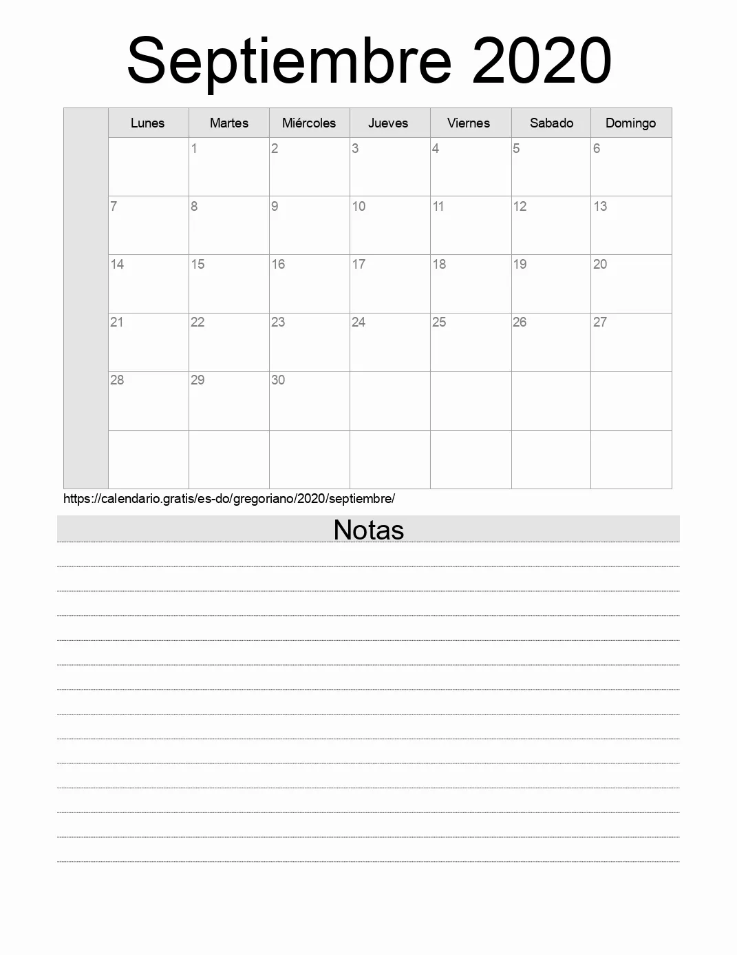 Calendario Septiembre 2020 para imprimir con notas. (República Dominicana)