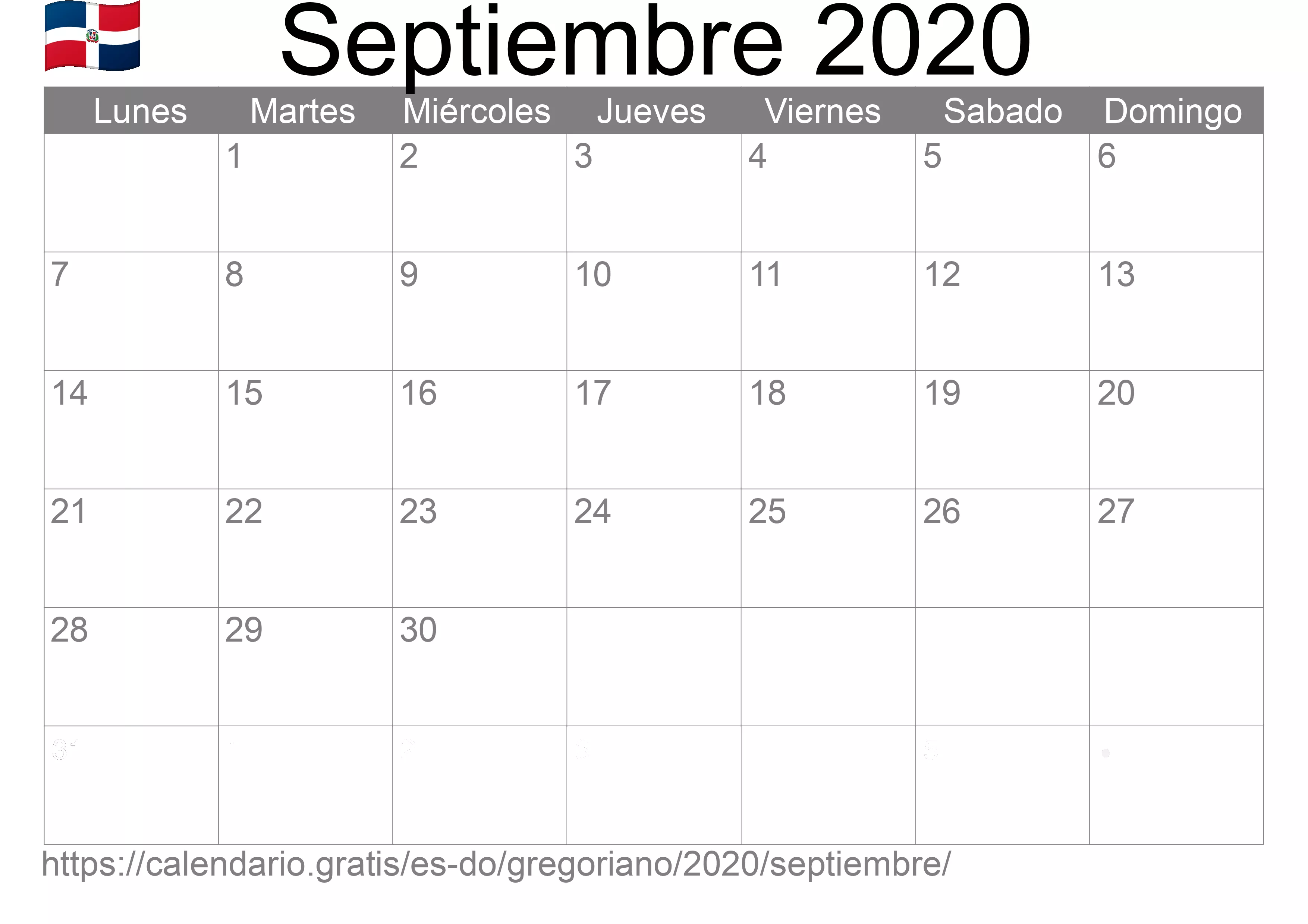 Calendario Septiembre 2020 para imprimir (República Dominicana)