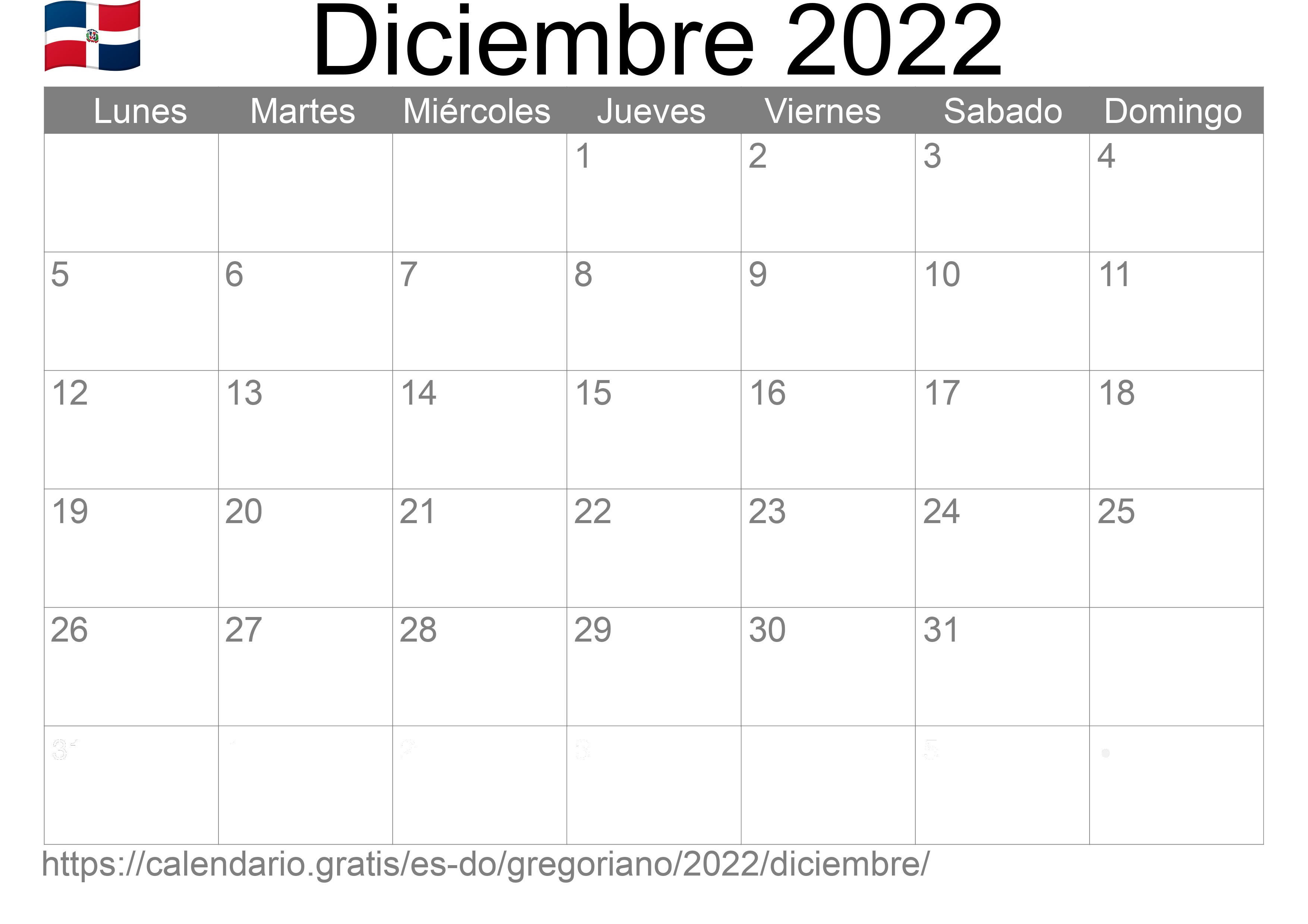 Calendario Diciembre 2022 para imprimir