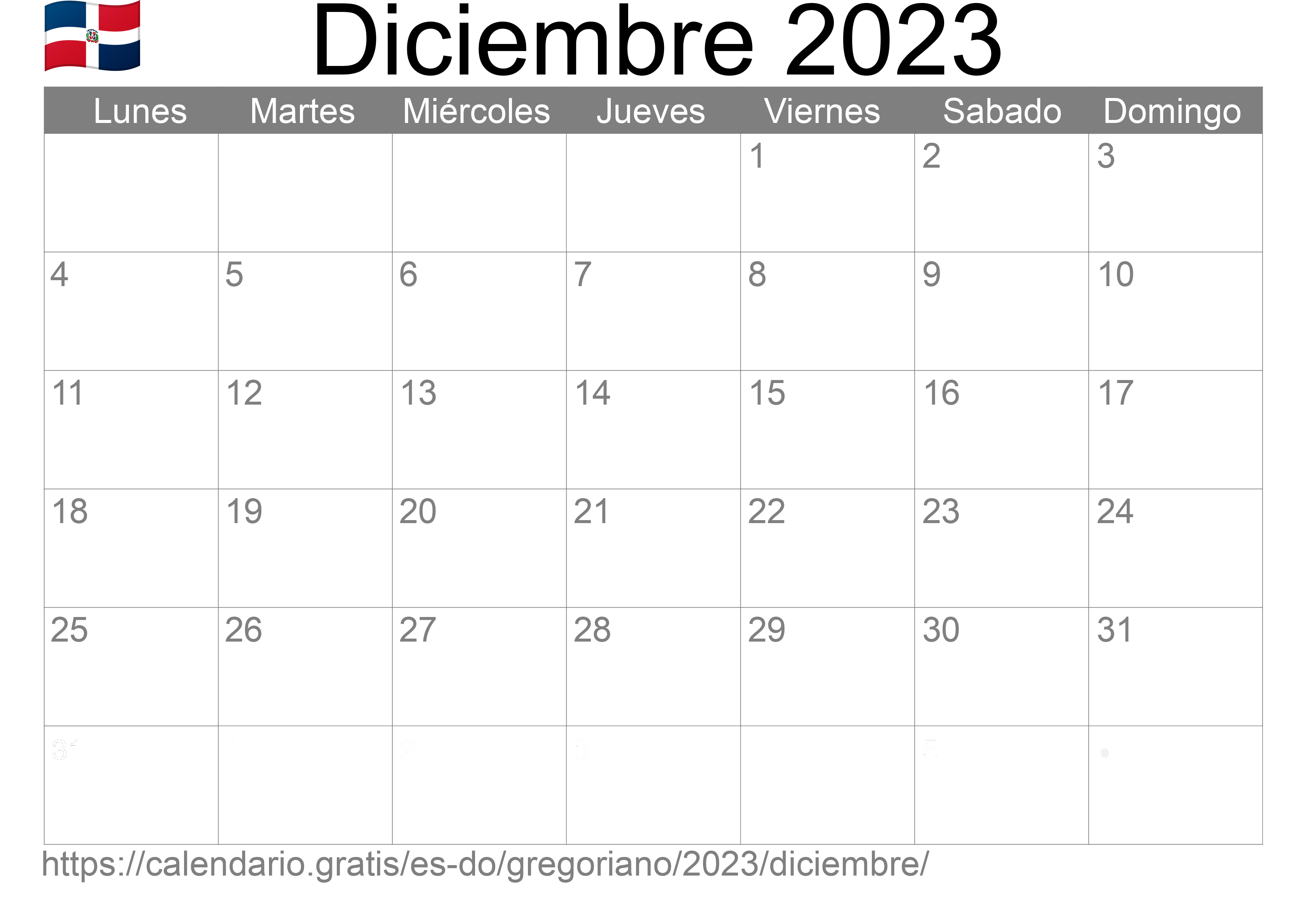 Calendario Diciembre 2023 para imprimir