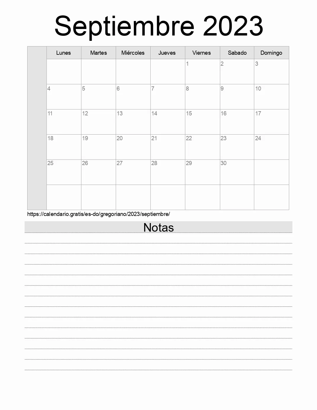 Calendario Septiembre 2023 para imprimir con notas. (República Dominicana)