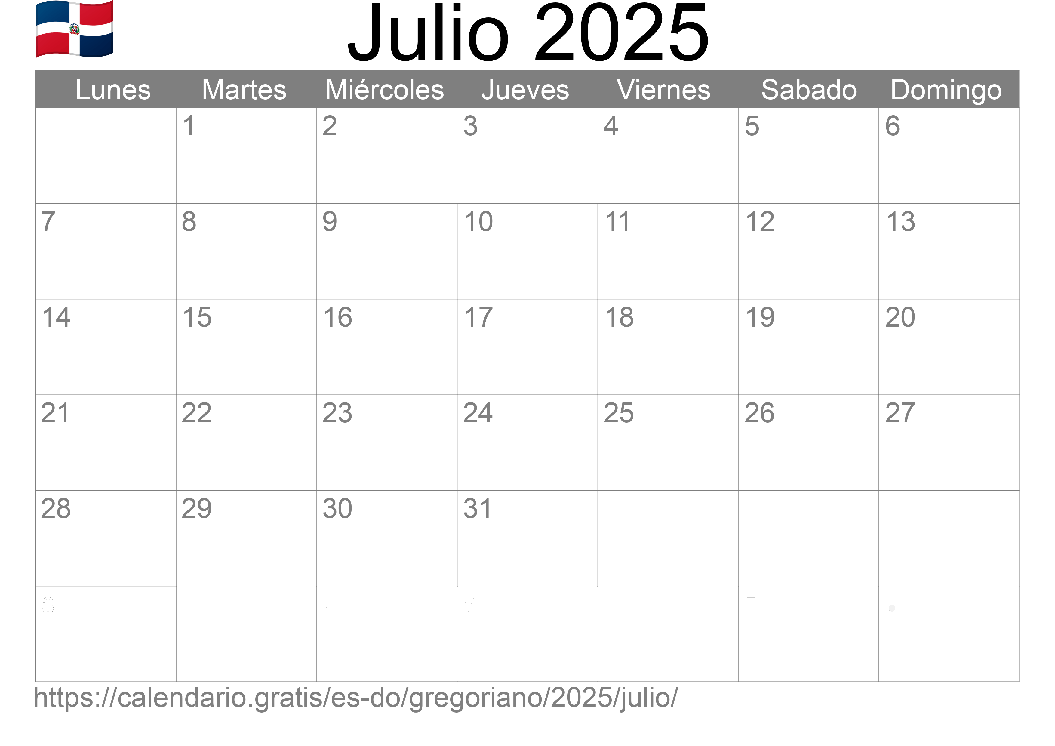 Calendario Julio 2025 para imprimir