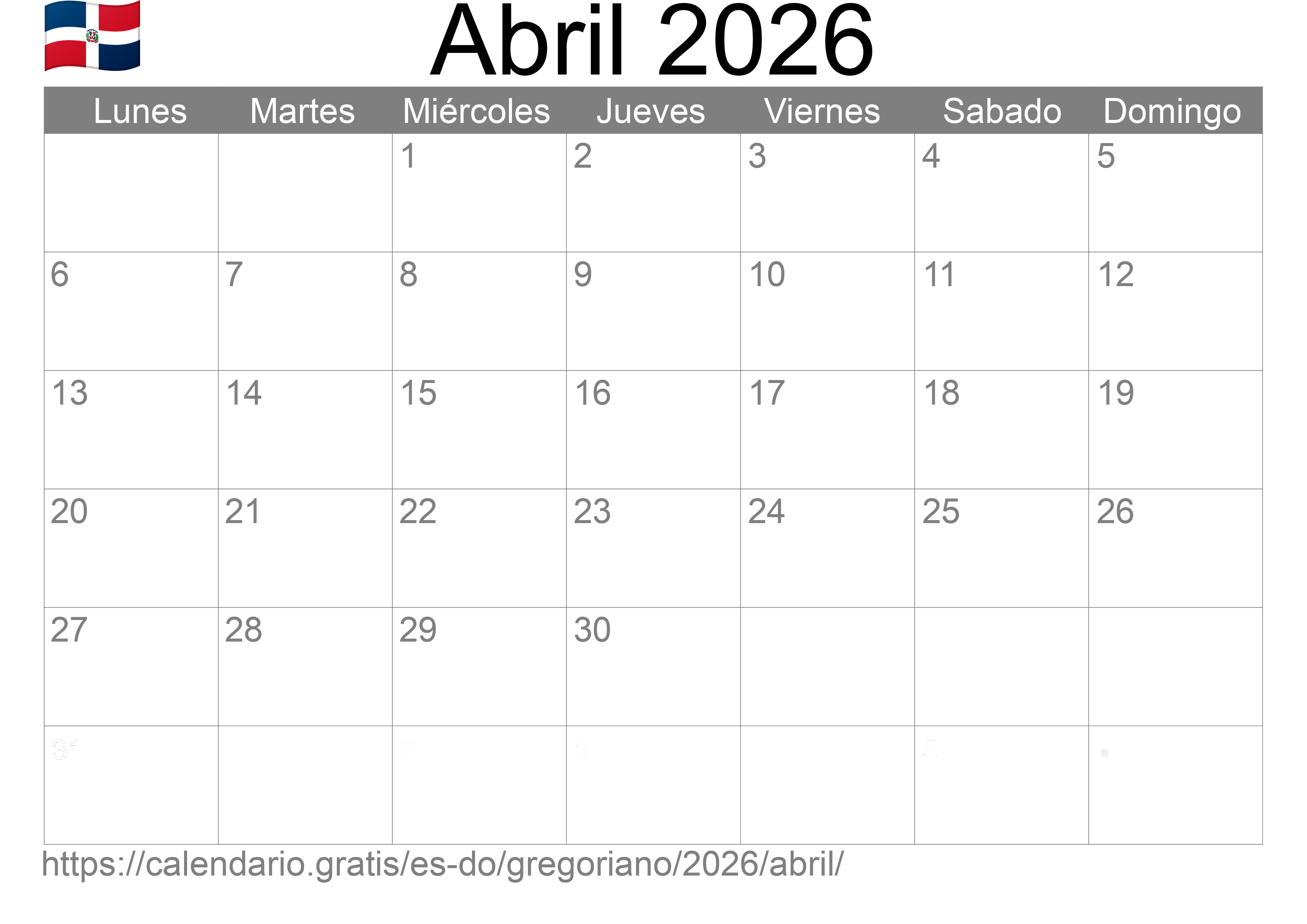 Calendario Abril 2026 para imprimir