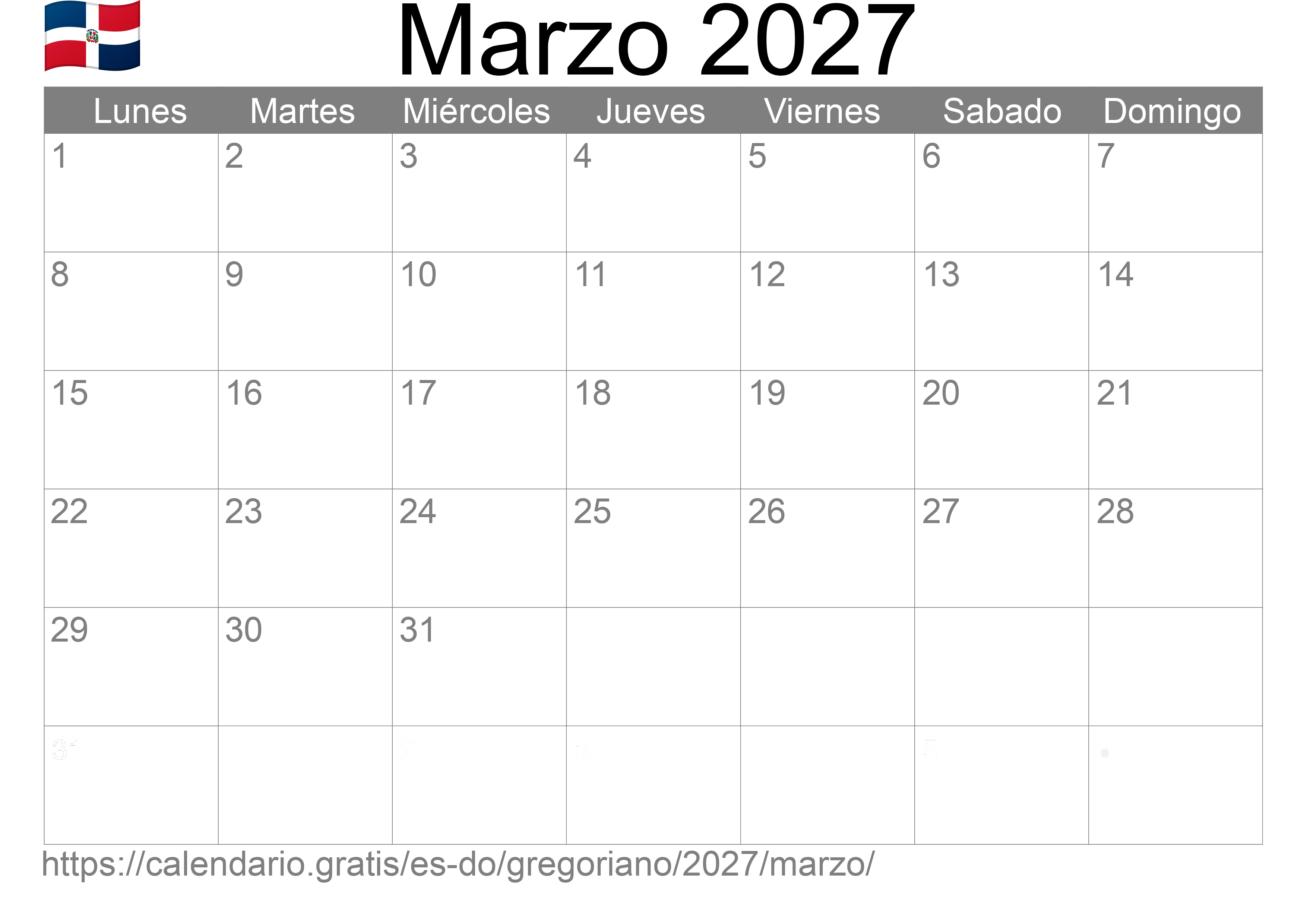 Calendario Marzo 2027 para imprimir