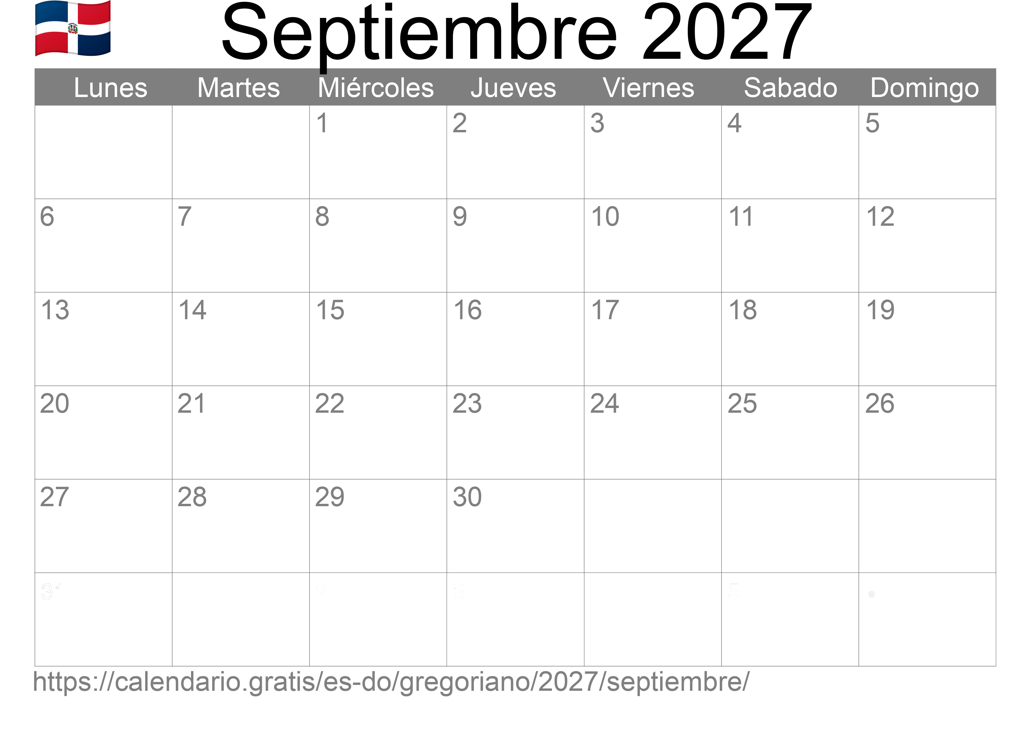 Calendario Septiembre 2027 para imprimir