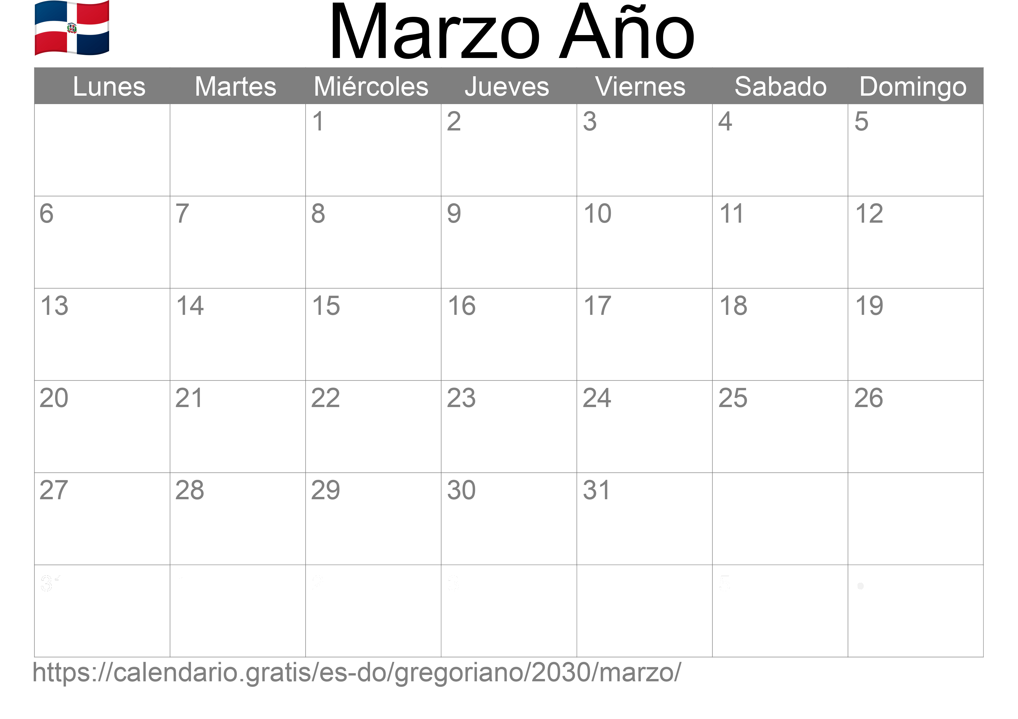 Calendario Marzo 2030 para imprimir