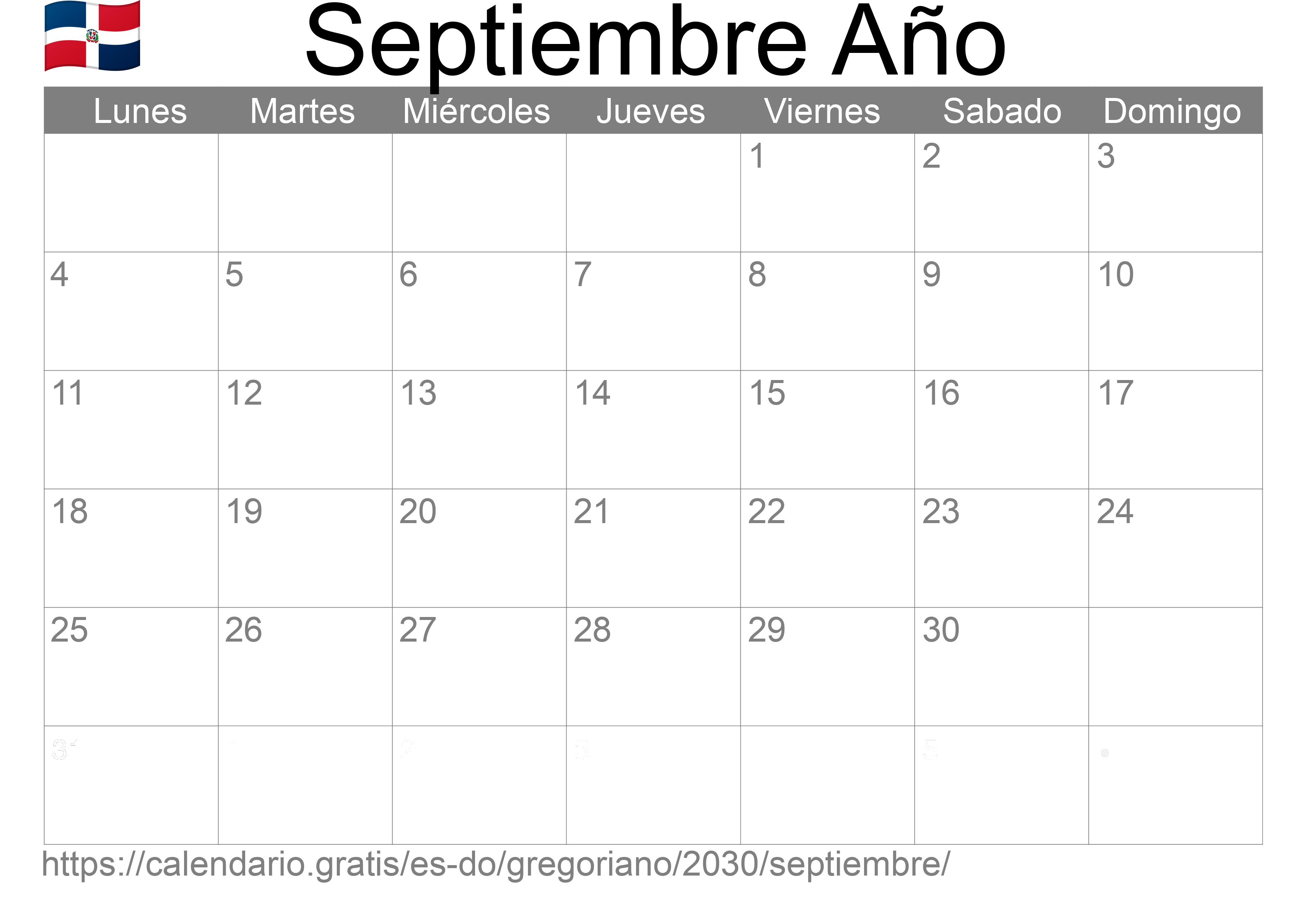 Calendario Septiembre 2030 para imprimir