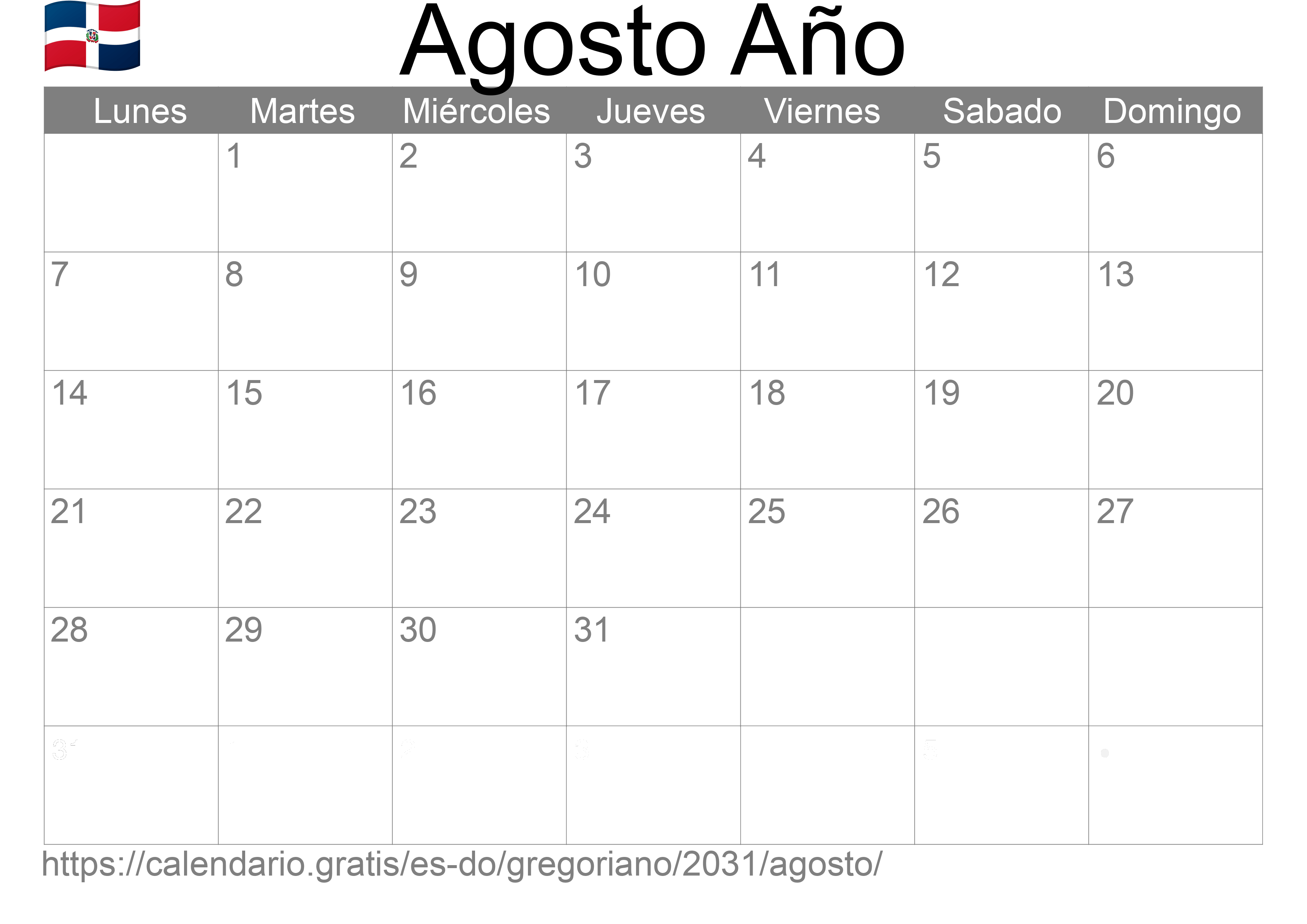 Calendario Agosto 2031 para imprimir