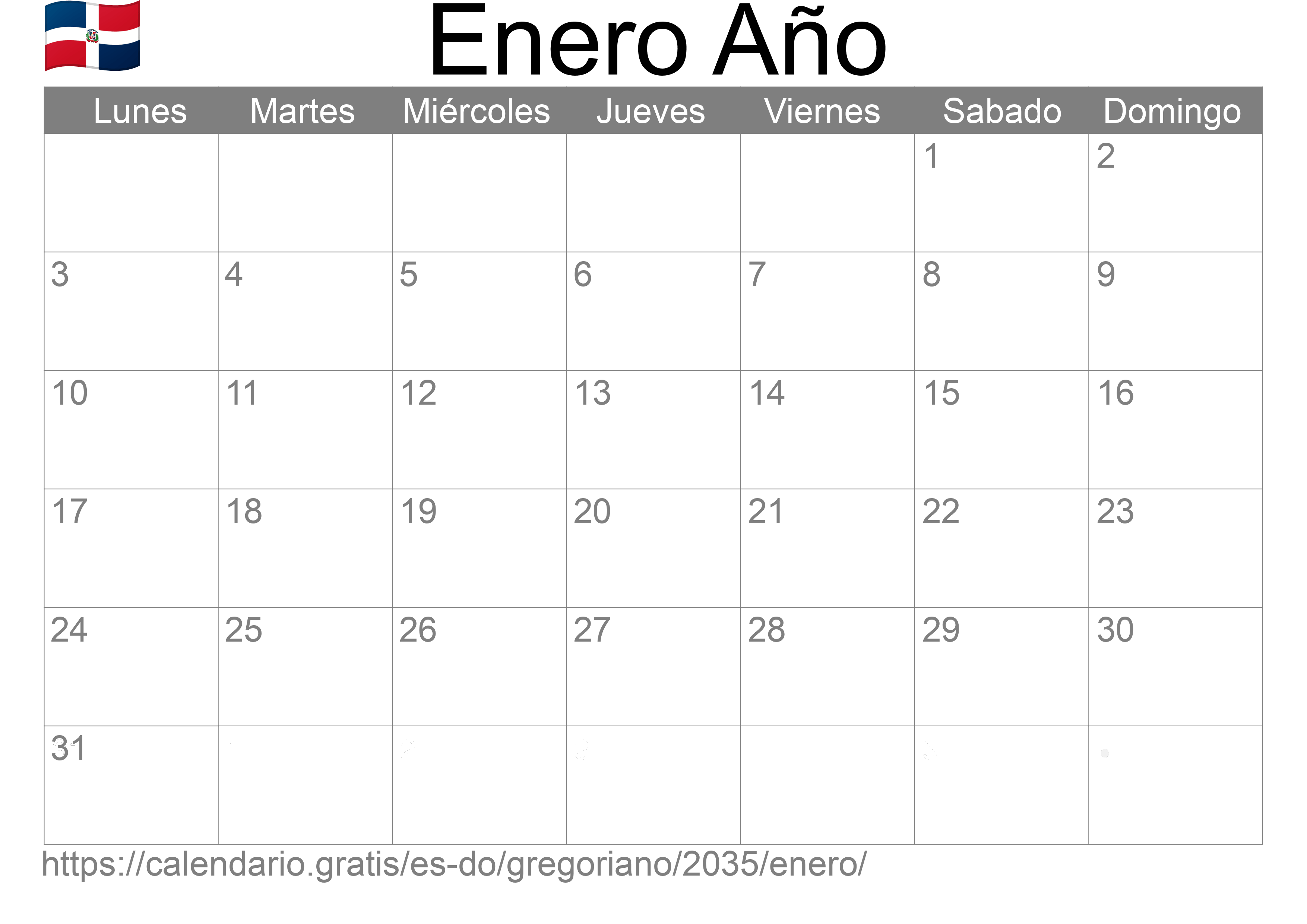 Calendario Enero 2035 para imprimir