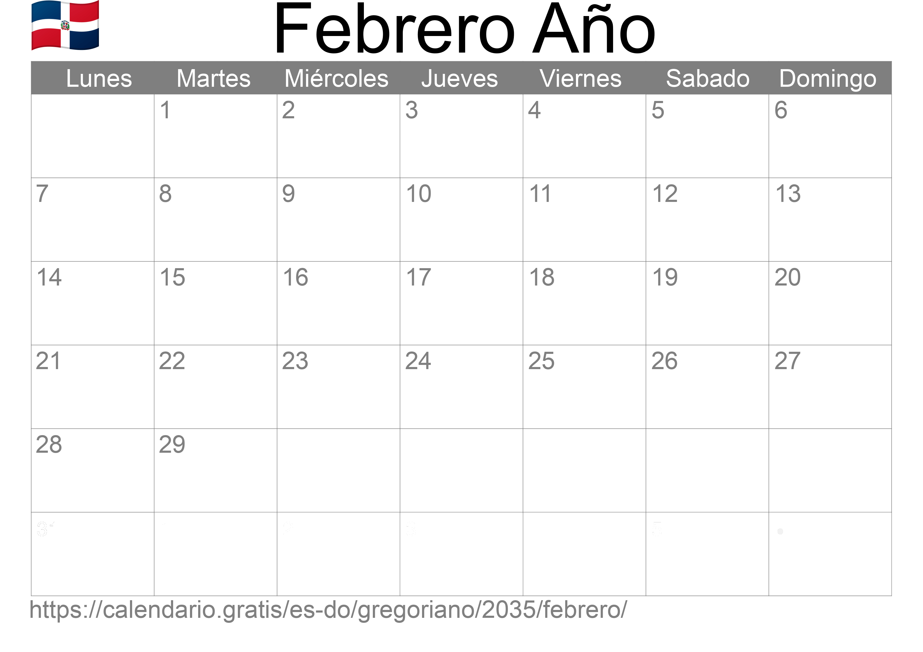 Calendario Febrero 2035 para imprimir