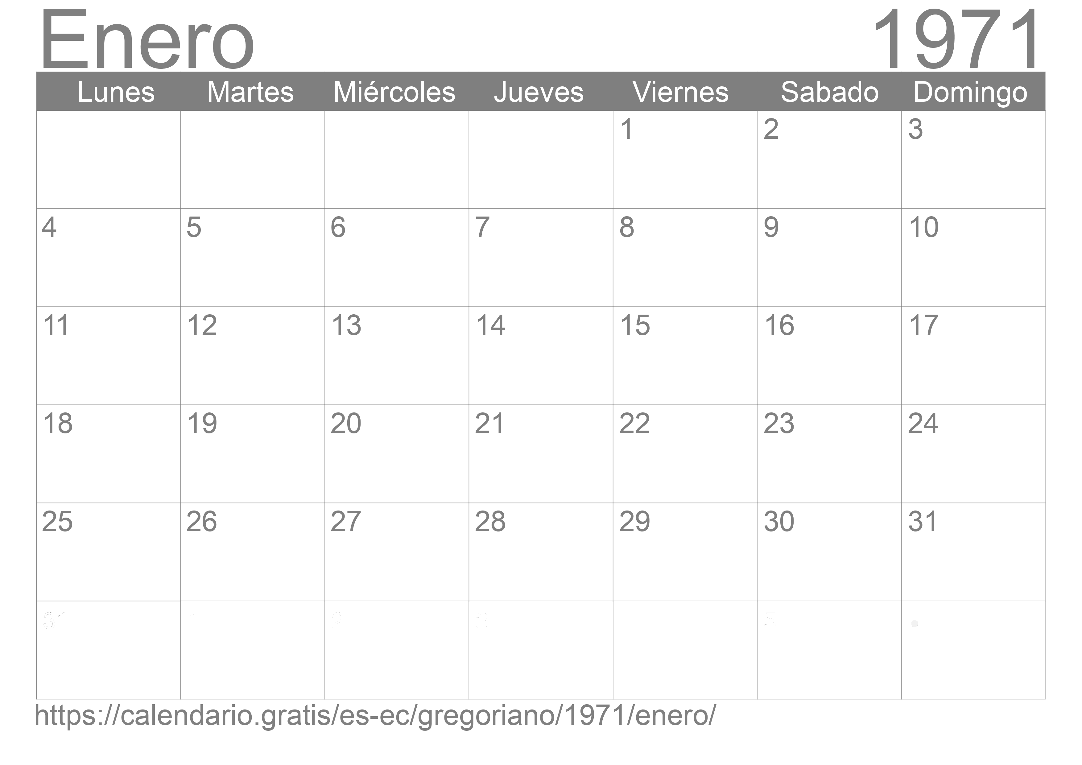 Calendario Enero 1971 para imprimir