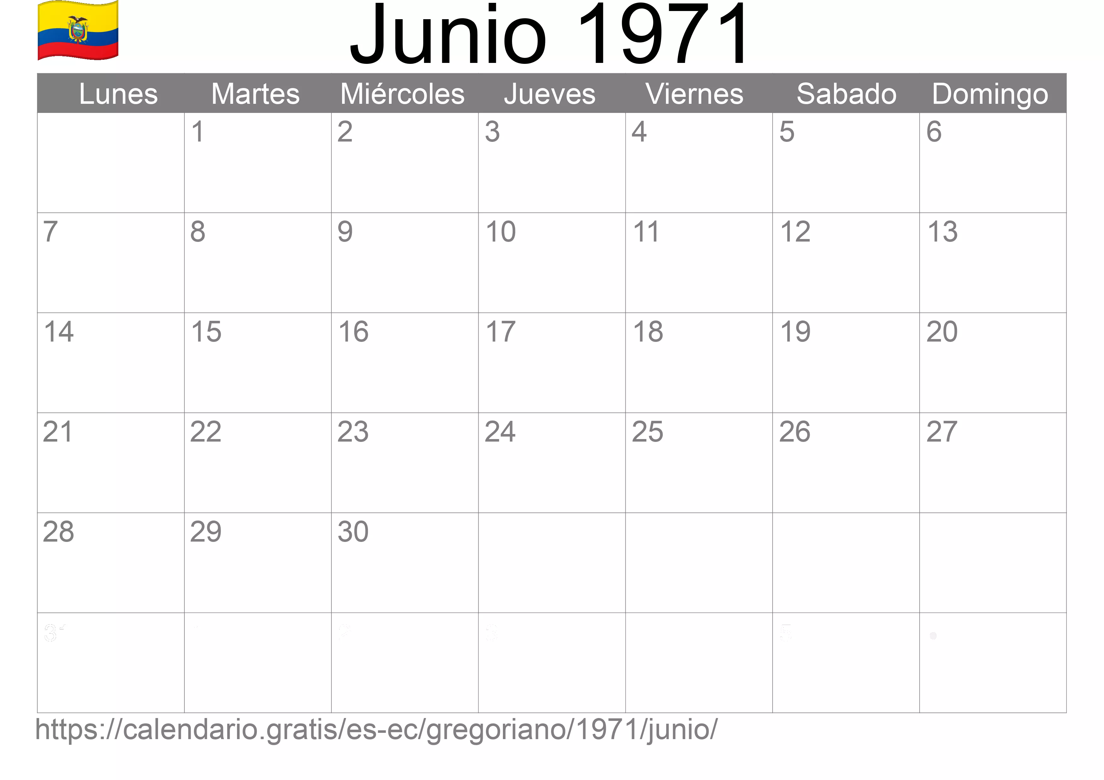 Calendario Junio 1971 para imprimir (Ecuador)