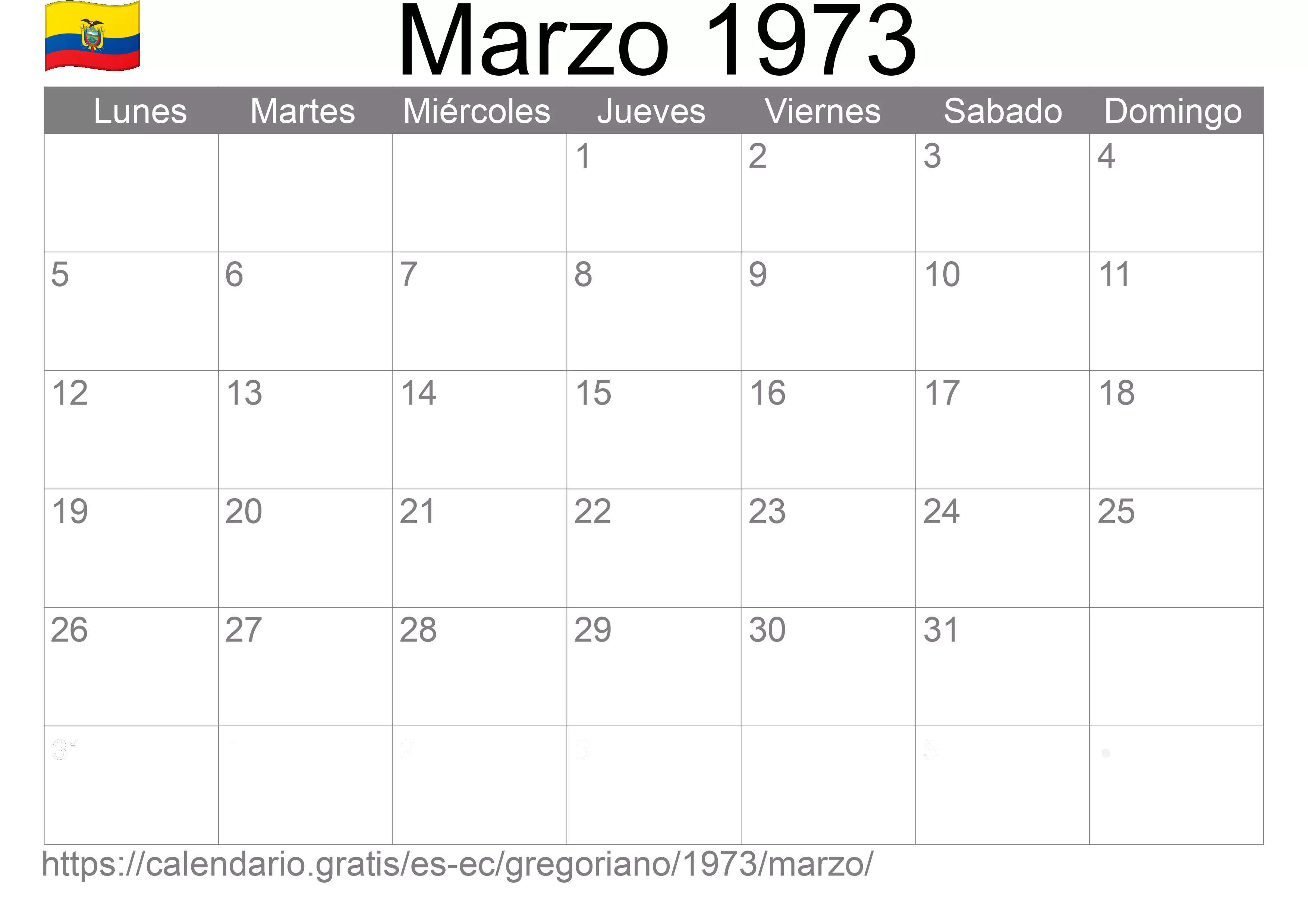 Calendario Marzo 1973 para imprimir (Ecuador)