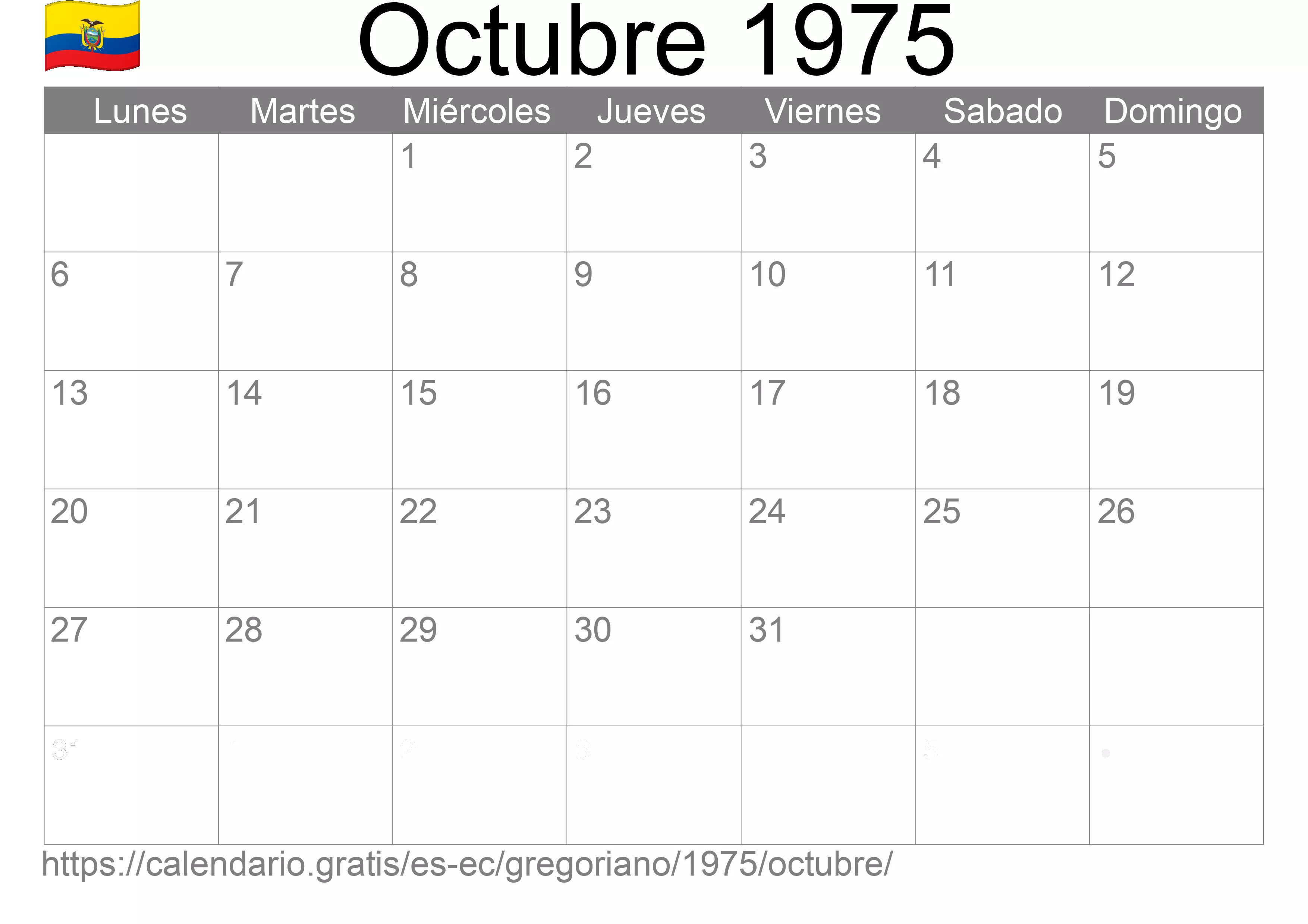 Calendario Octubre 1975 para imprimir (Ecuador)