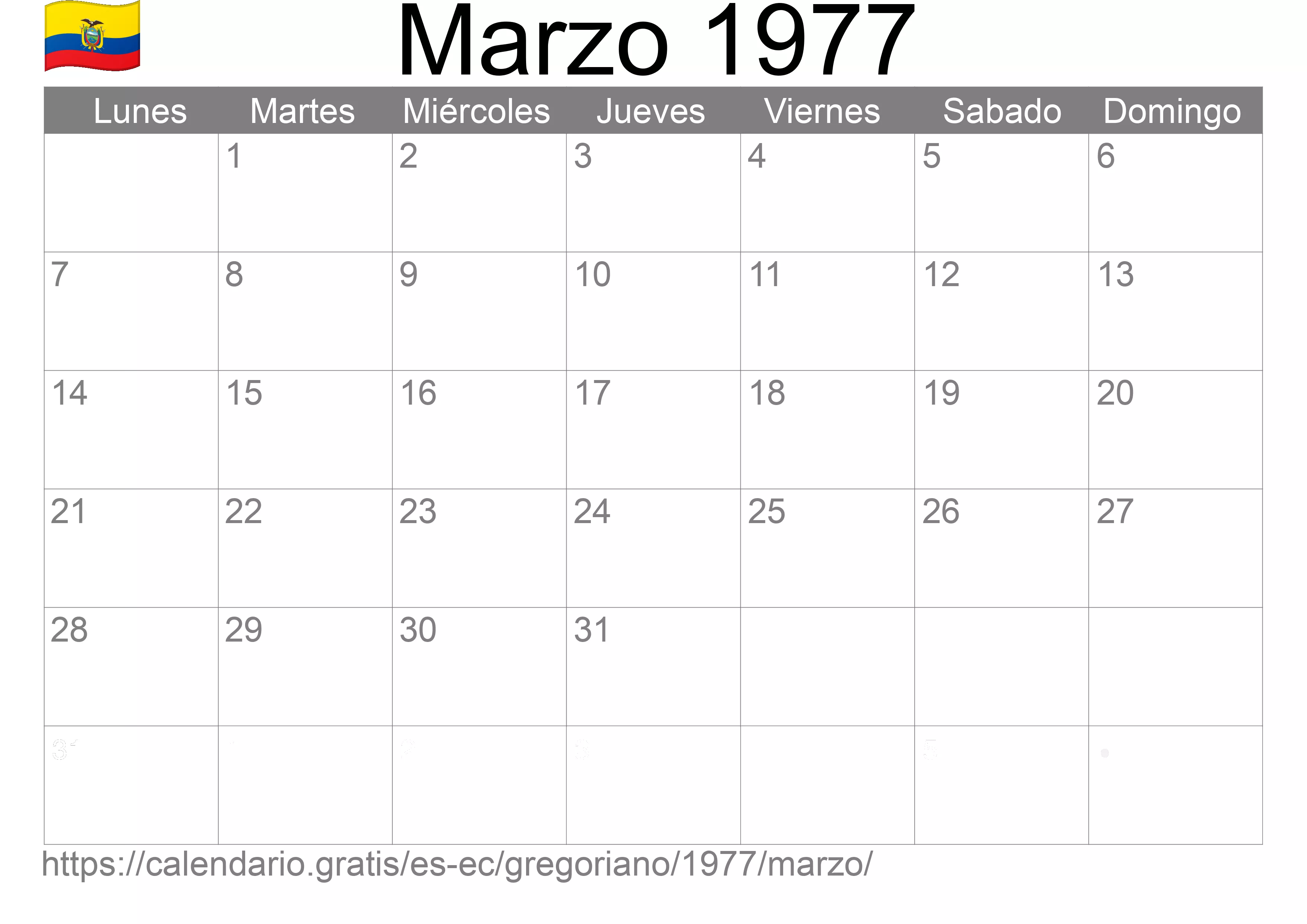 Calendario Marzo 1977 para imprimir (Ecuador)