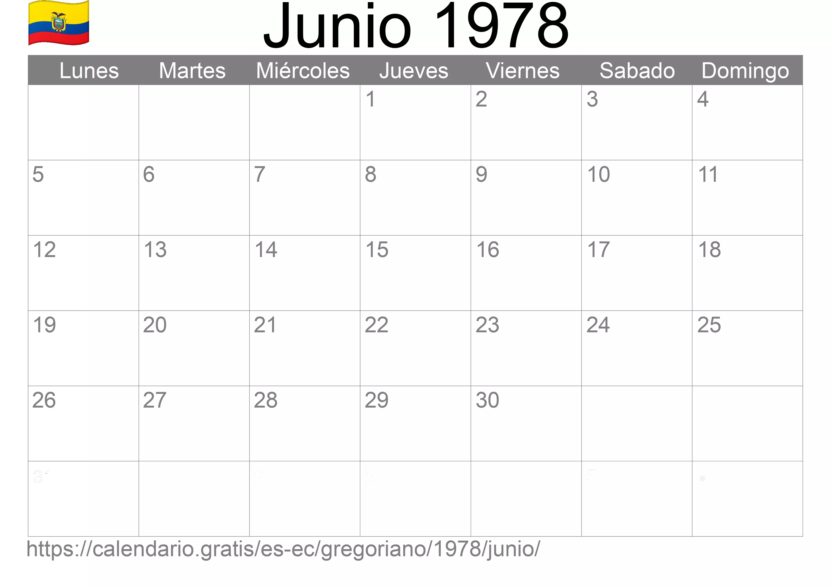 Calendario Junio 1978 para imprimir (Ecuador)