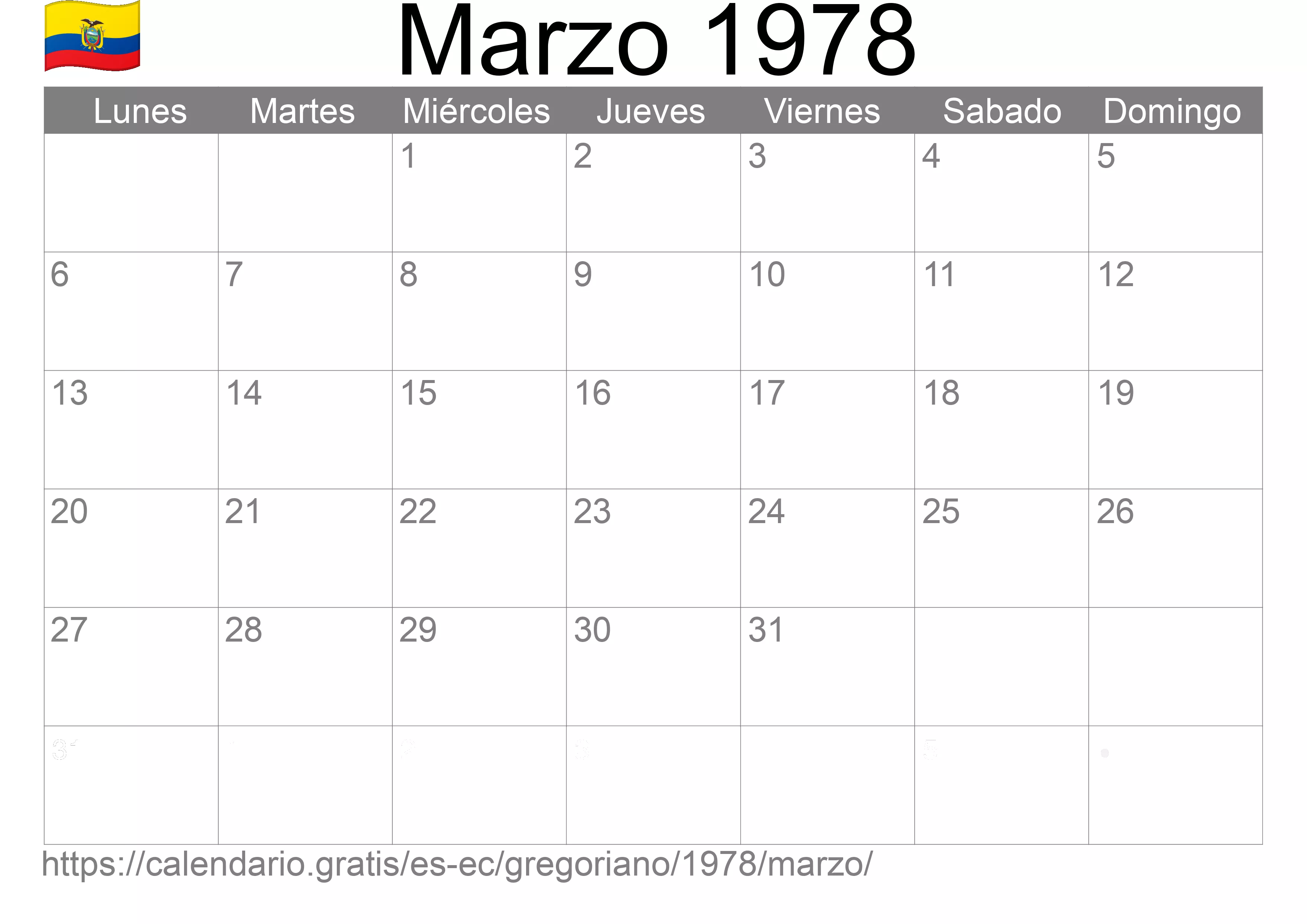 Calendario Marzo 1978 para imprimir (Ecuador)
