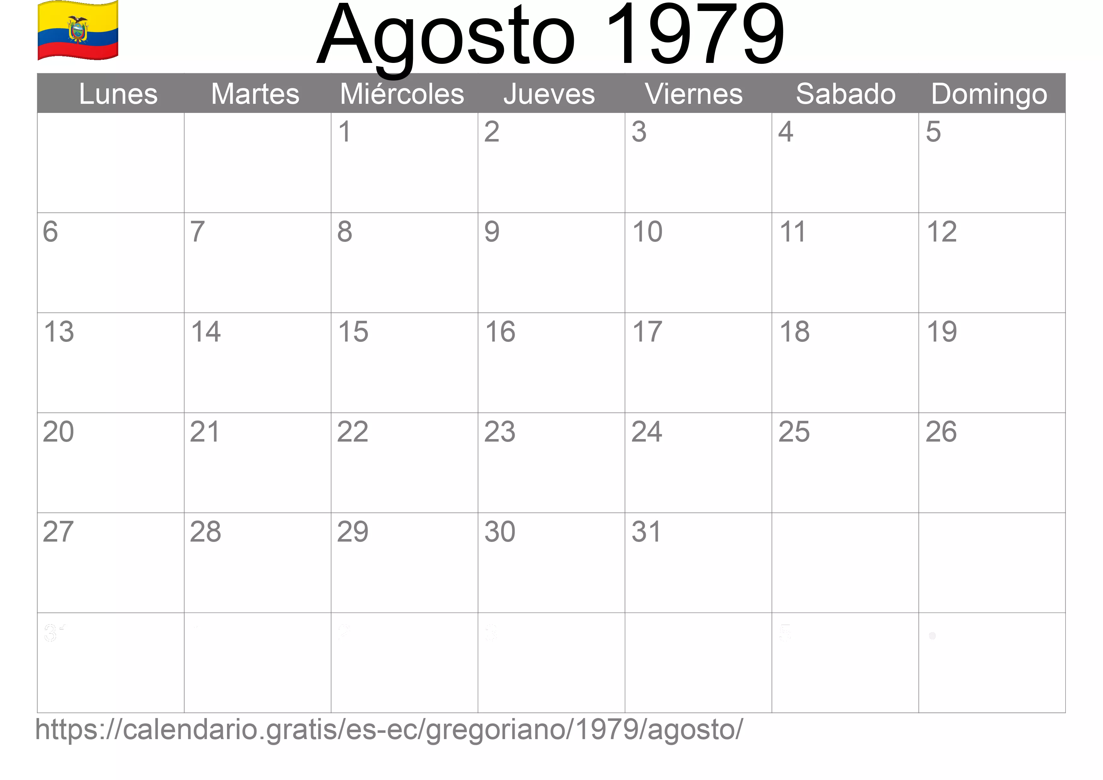 Calendario Agosto 1979 para imprimir (Ecuador)