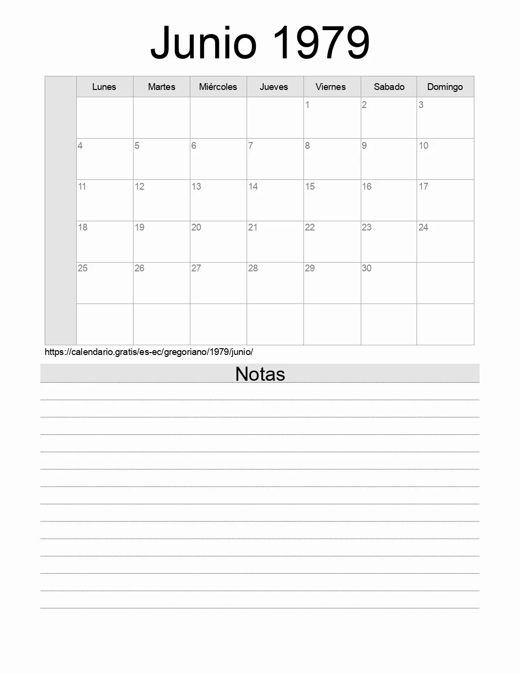 Calendario Junio 1979 para imprimir con notas. (Ecuador)