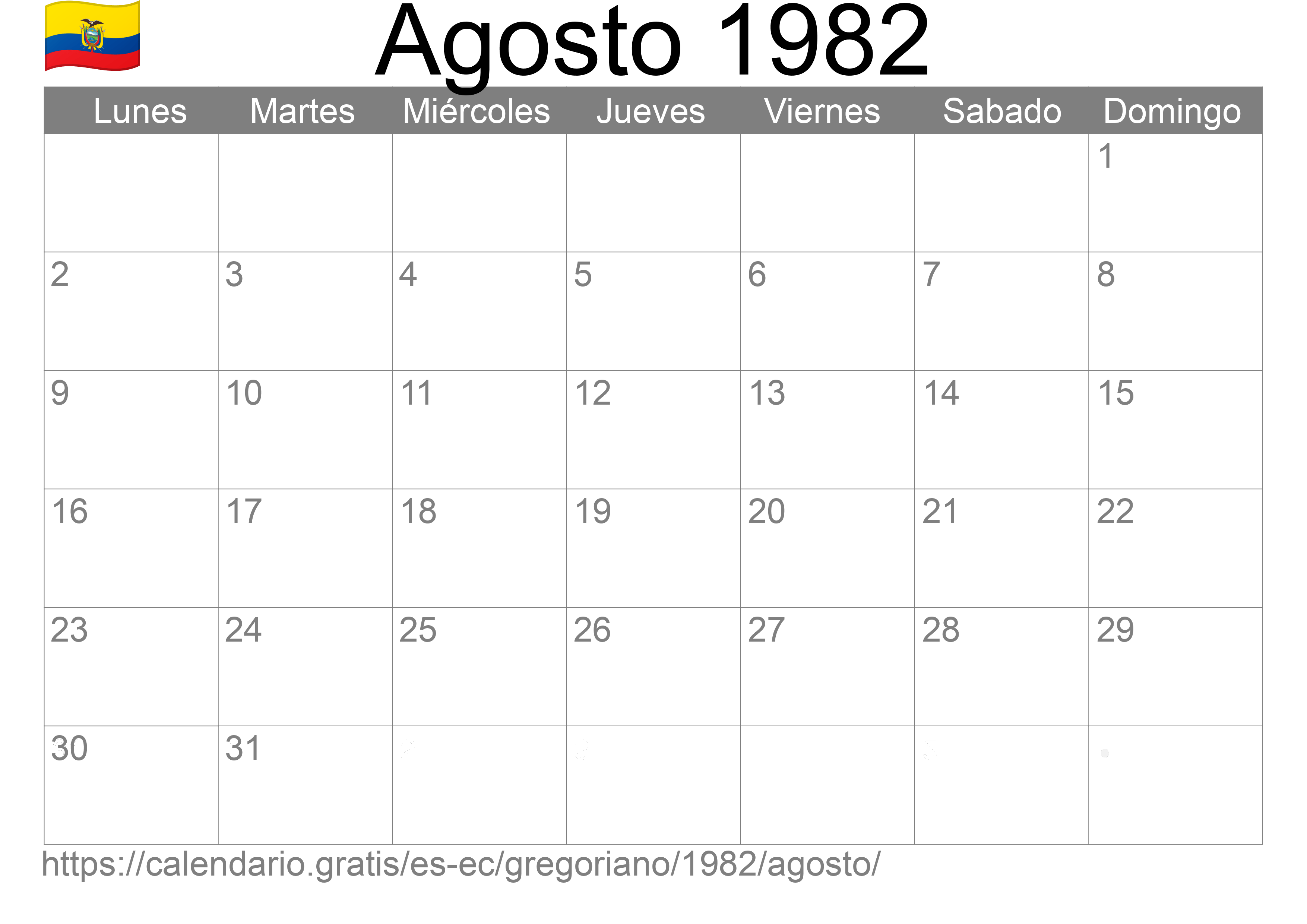 Calendario Agosto 1982 para imprimir