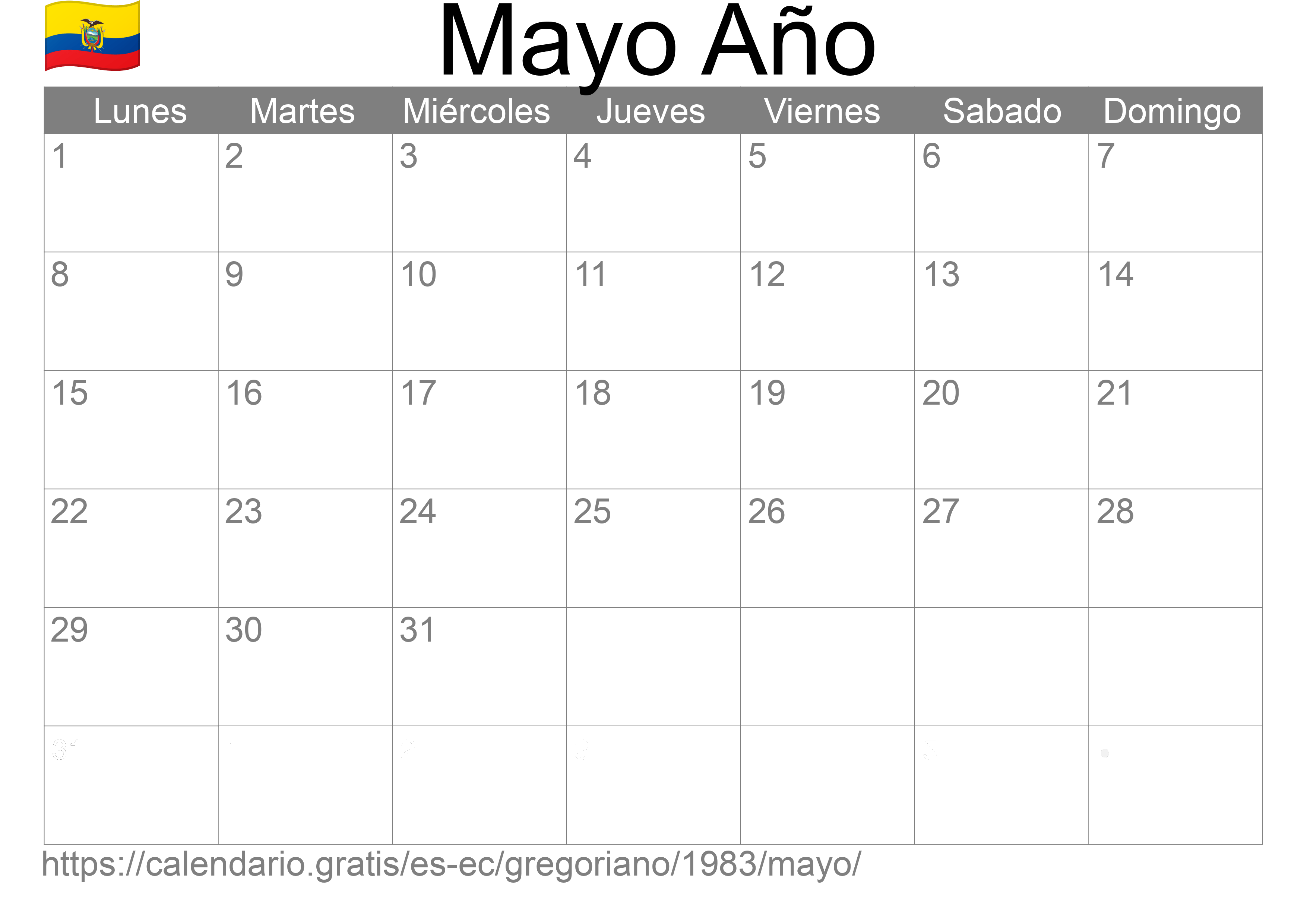 Calendario Mayo 1983 para imprimir