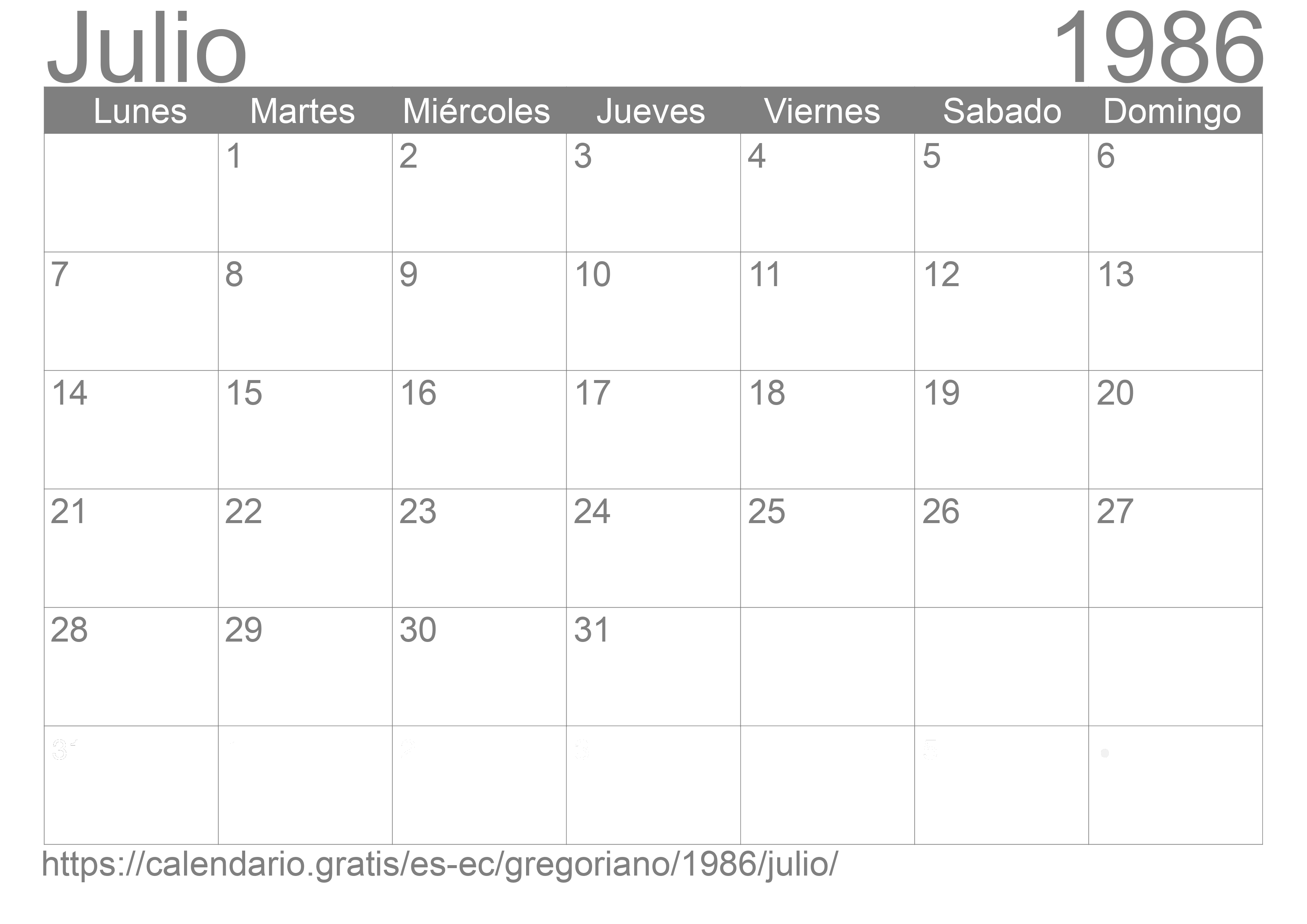 Calendario Julio 1986 para imprimir