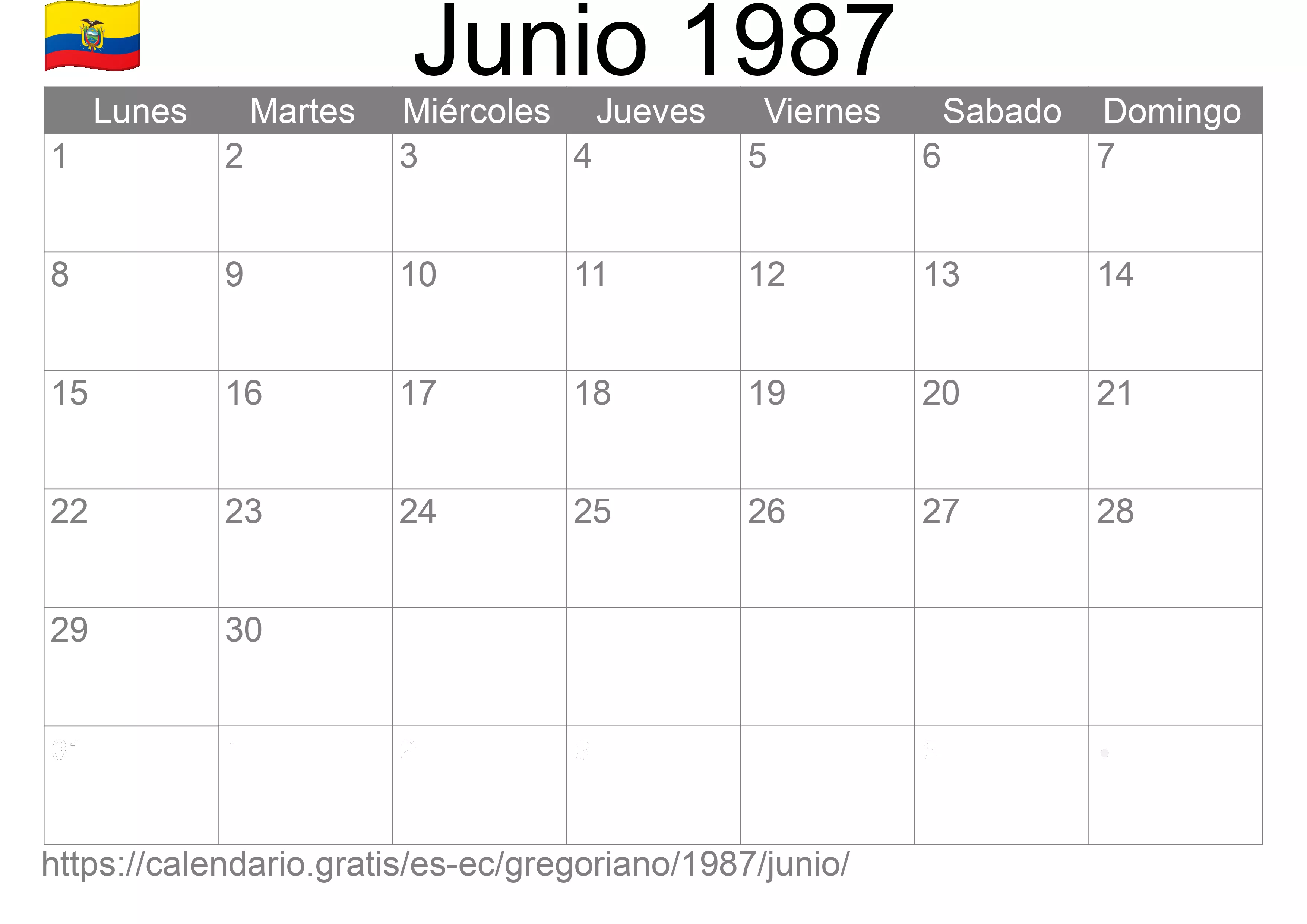 Calendario Junio 1987 para imprimir (Ecuador)