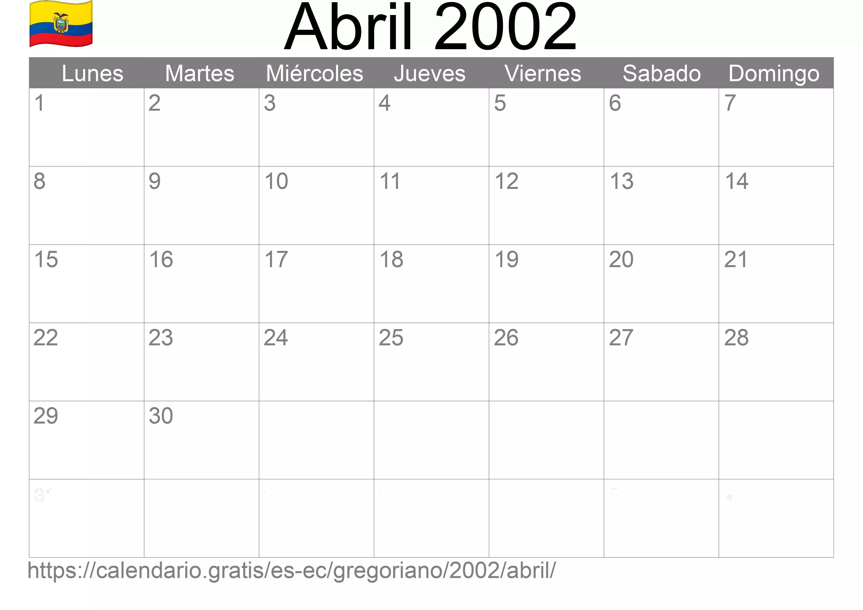 Calendario Abril 2002 para imprimir (Ecuador)