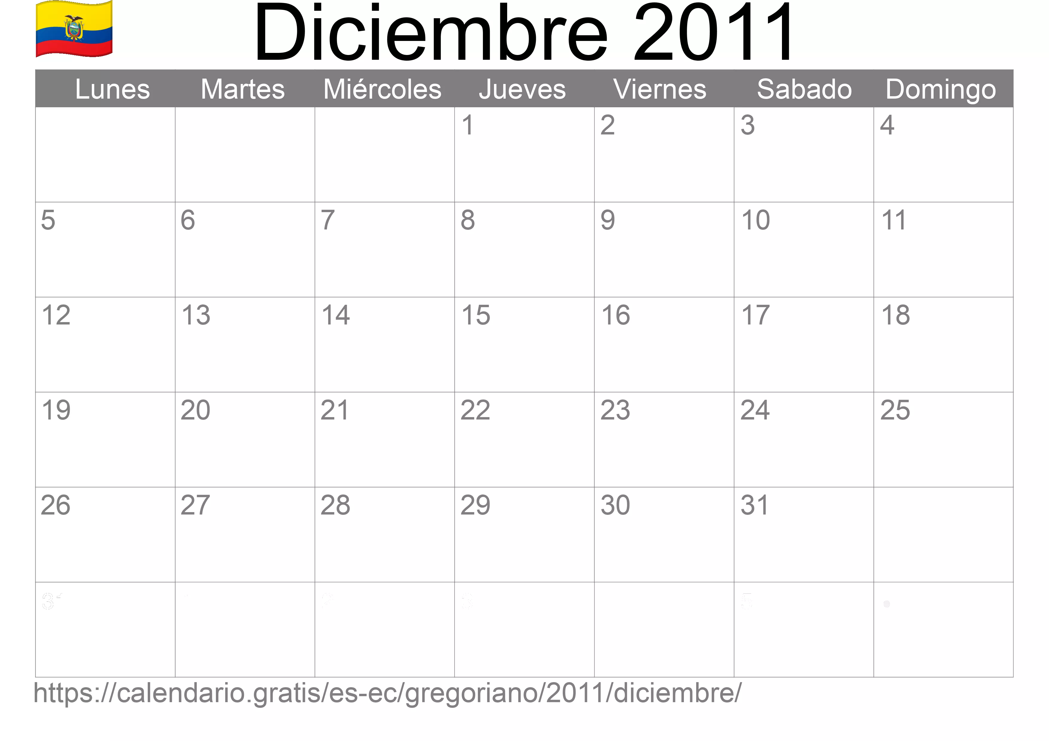 Calendario Diciembre 2011 para imprimir (Ecuador)