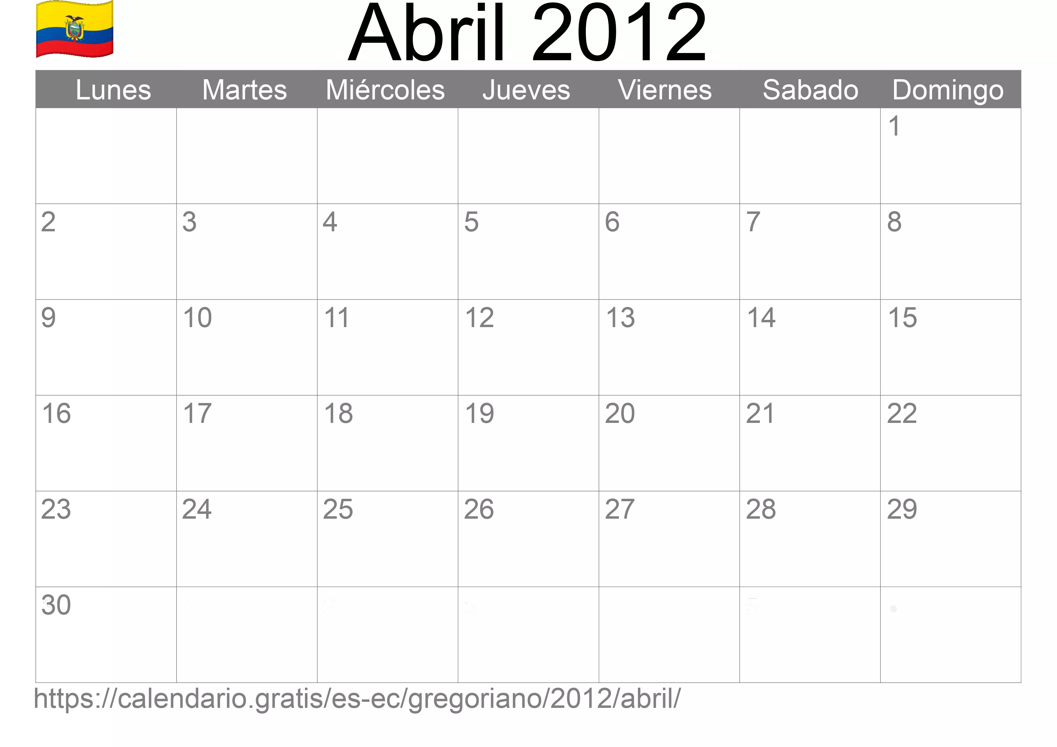 Calendario Abril 2012 para imprimir (Ecuador)