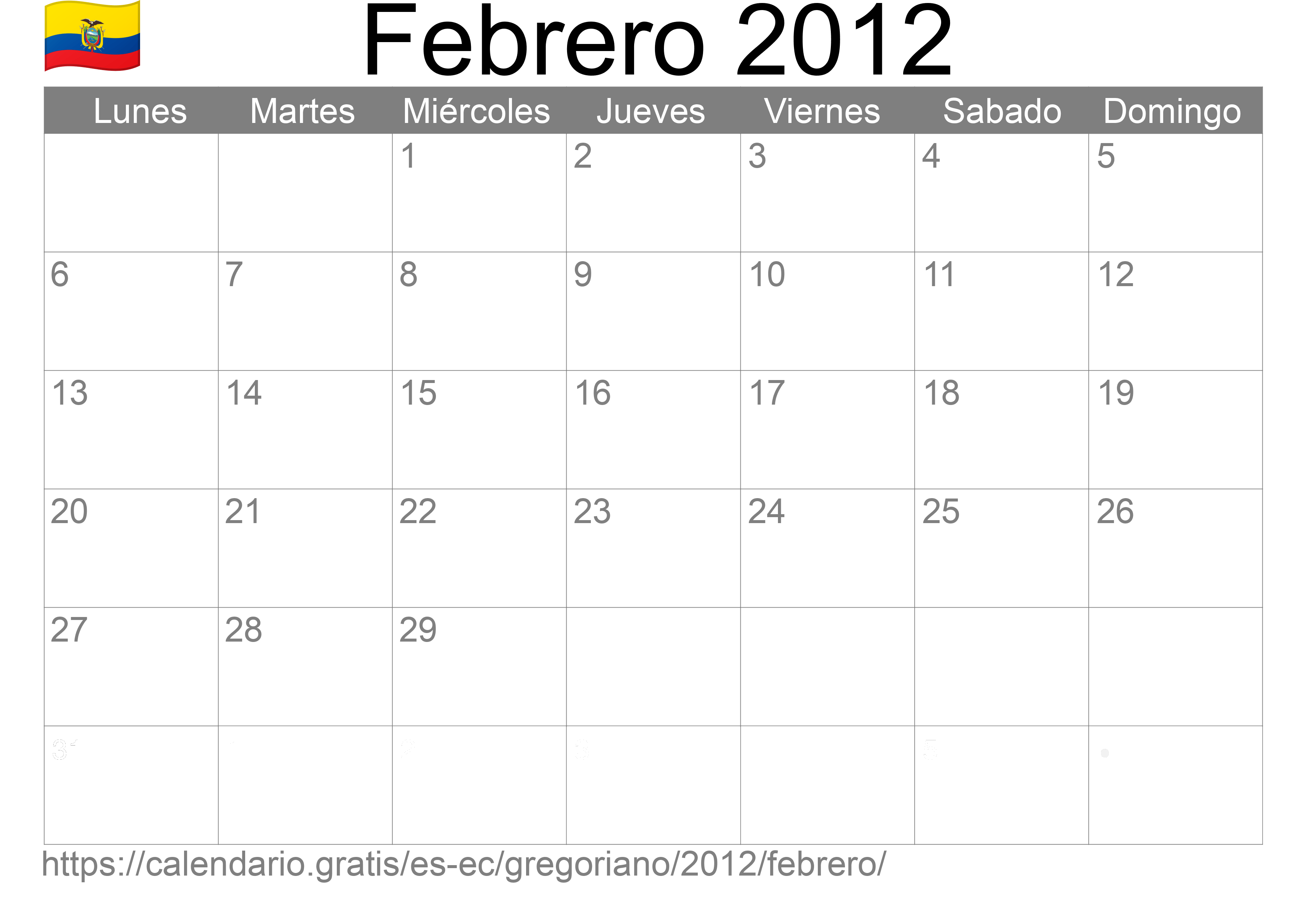 Calendario Febrero 2012 para imprimir