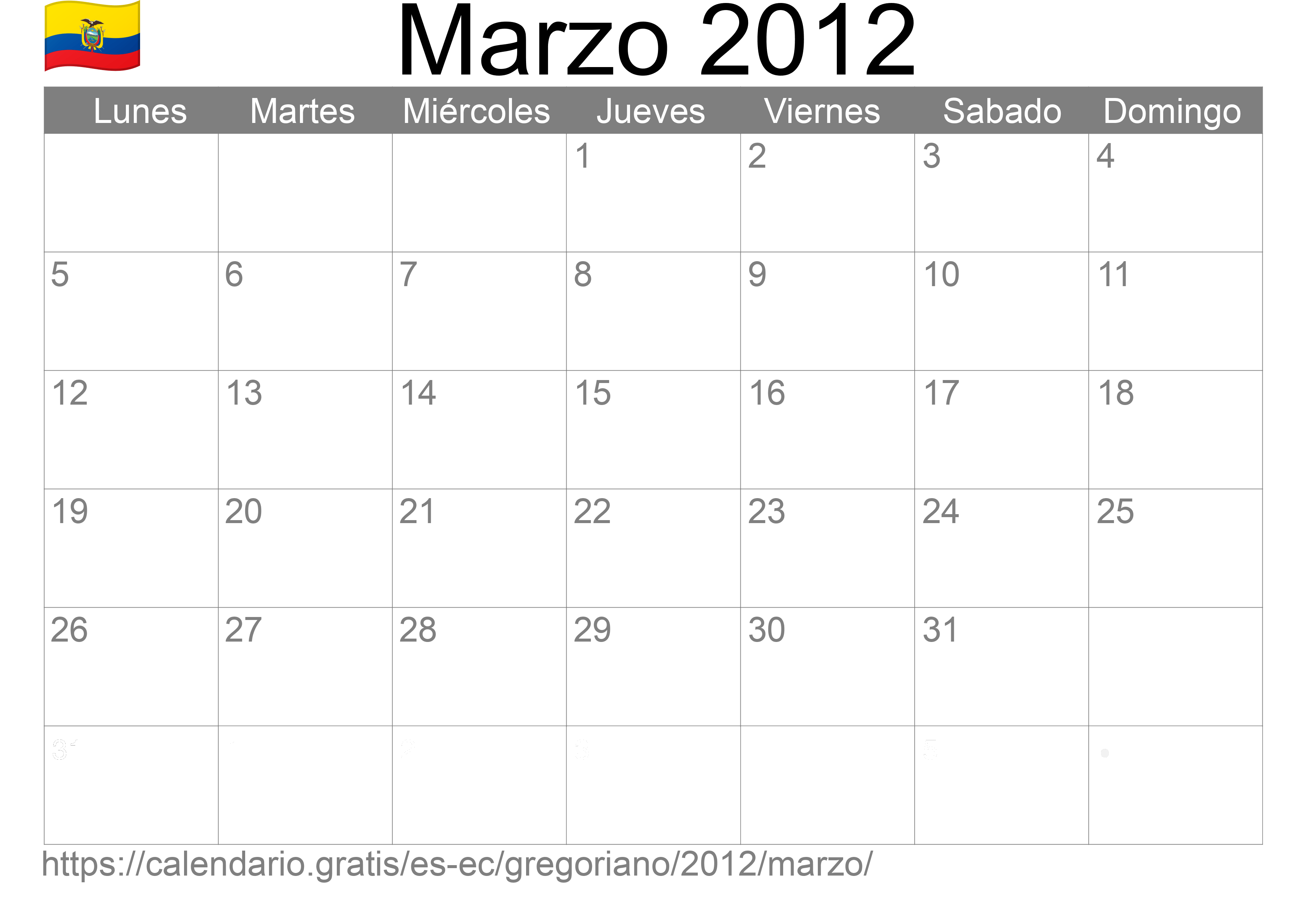 Calendario Marzo 2012 para imprimir