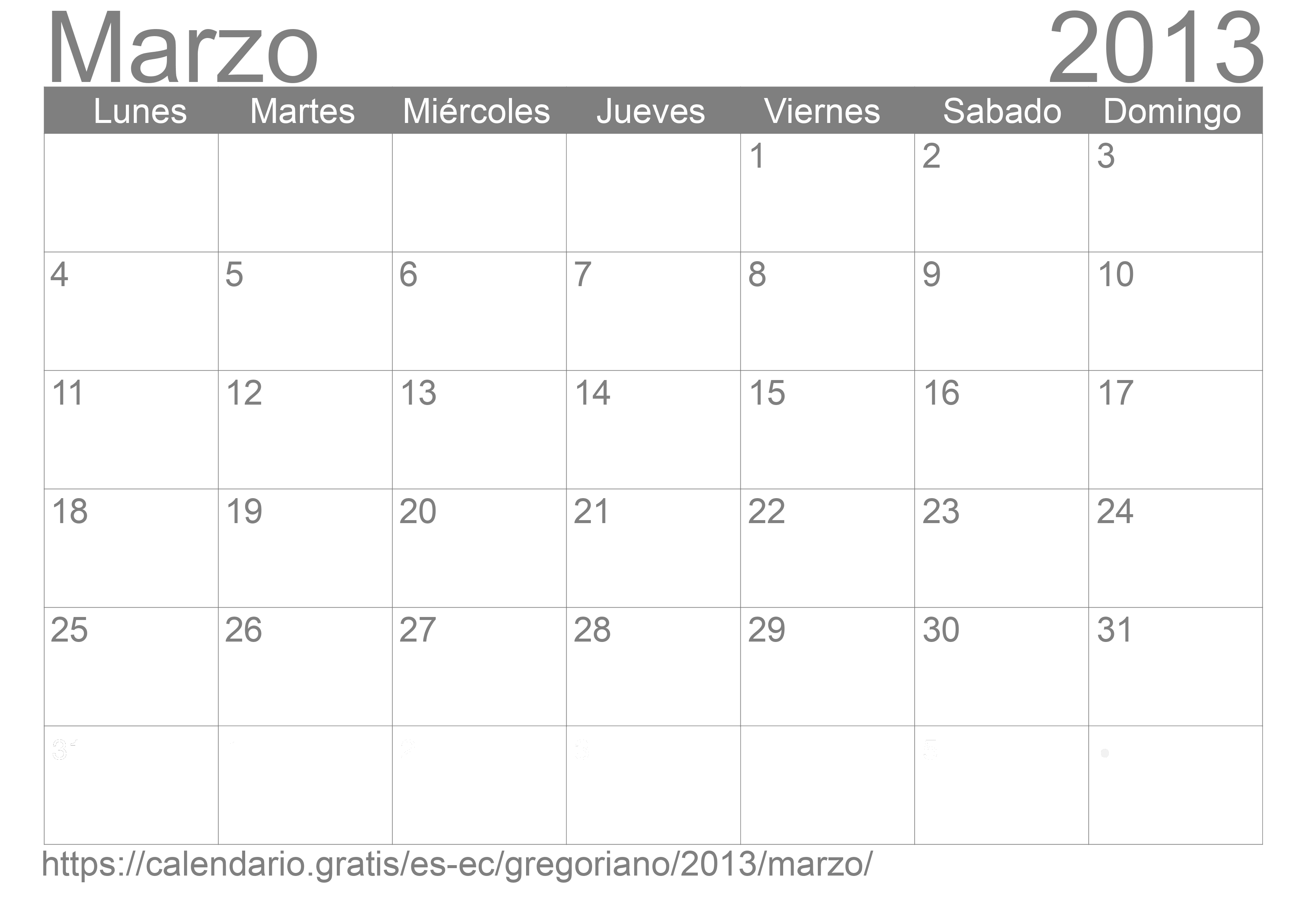 Calendario Marzo 2013 para imprimir