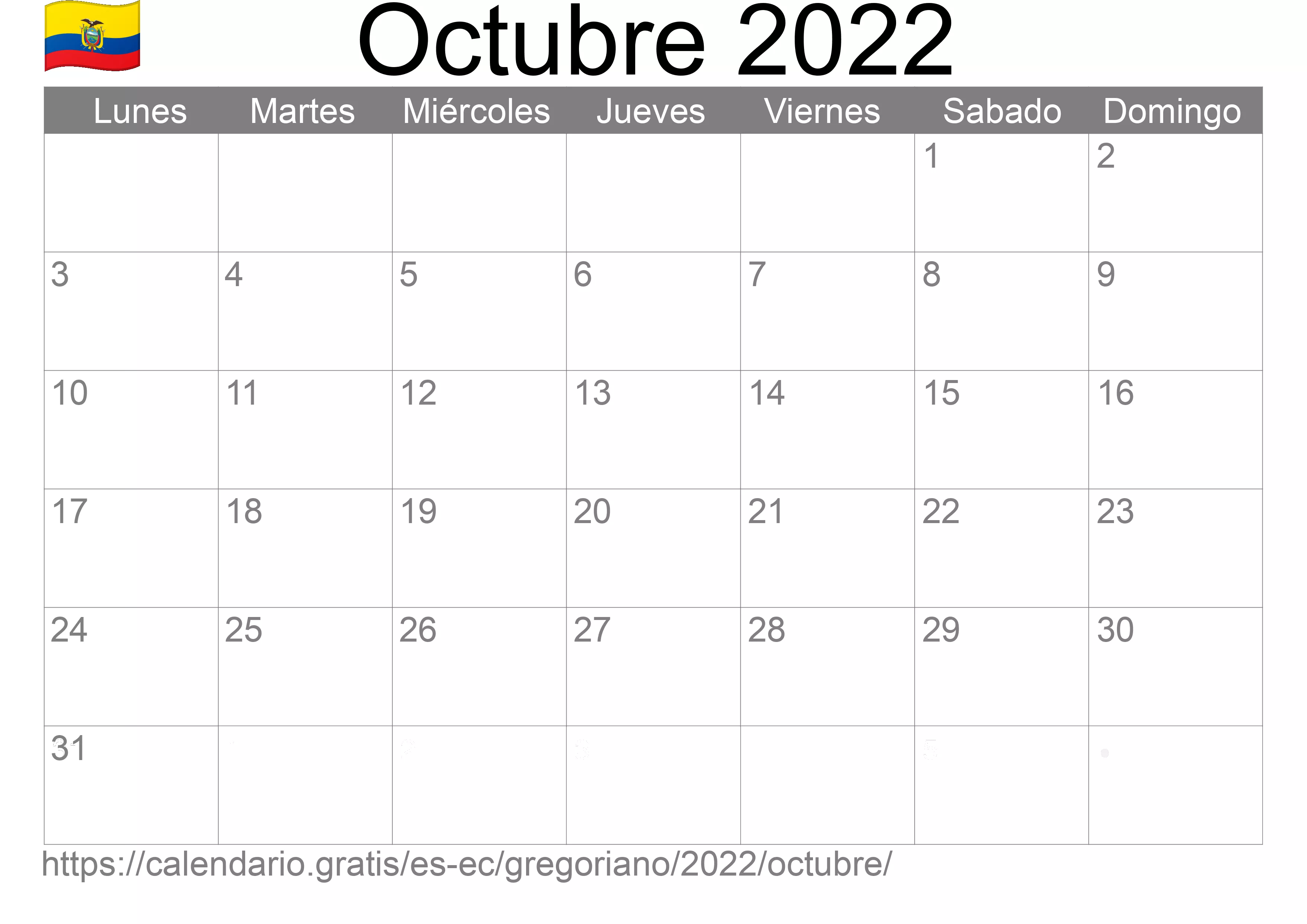 Calendario Octubre 2022 para imprimir (Ecuador)