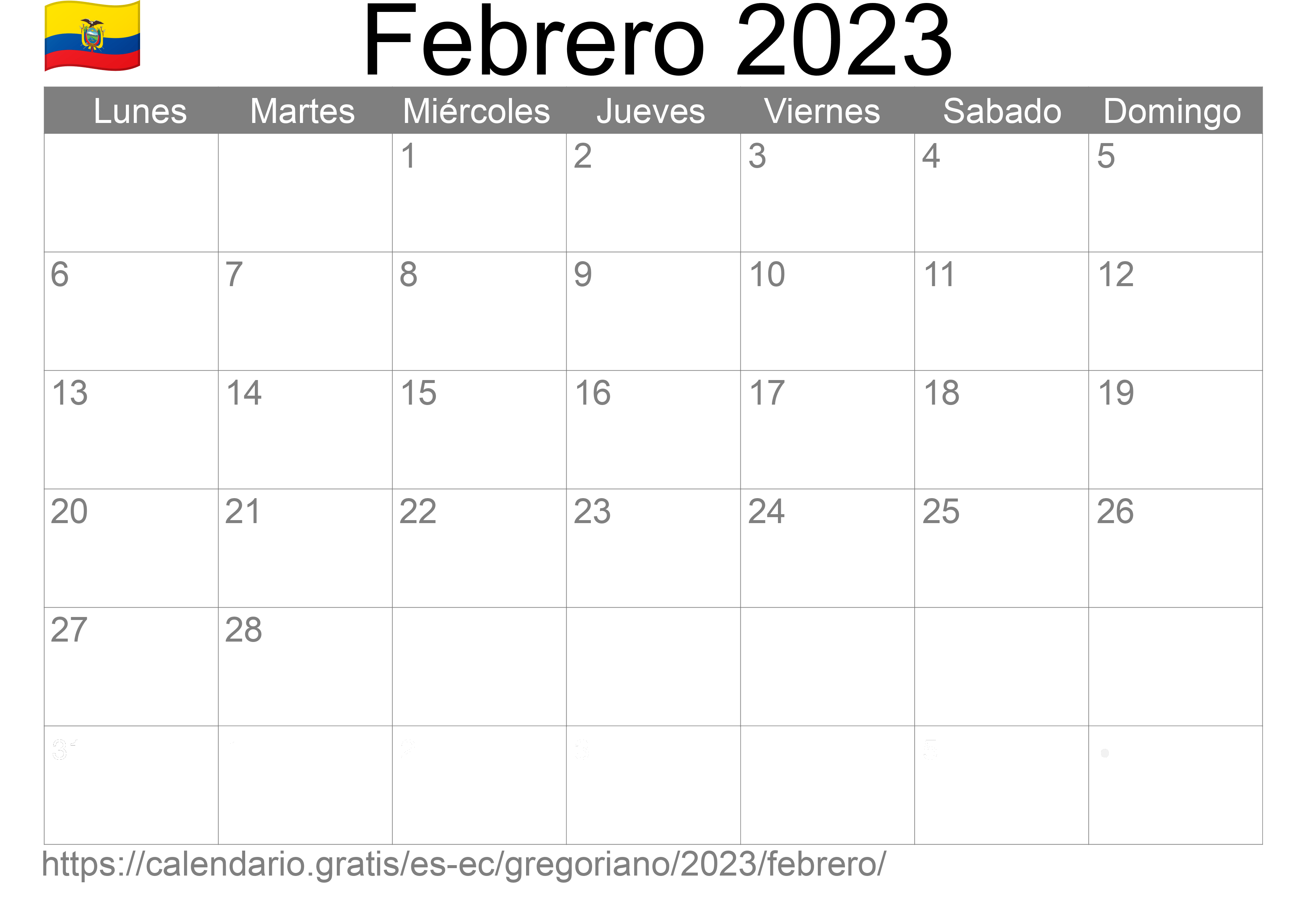 Calendario Febrero 2023 para imprimir