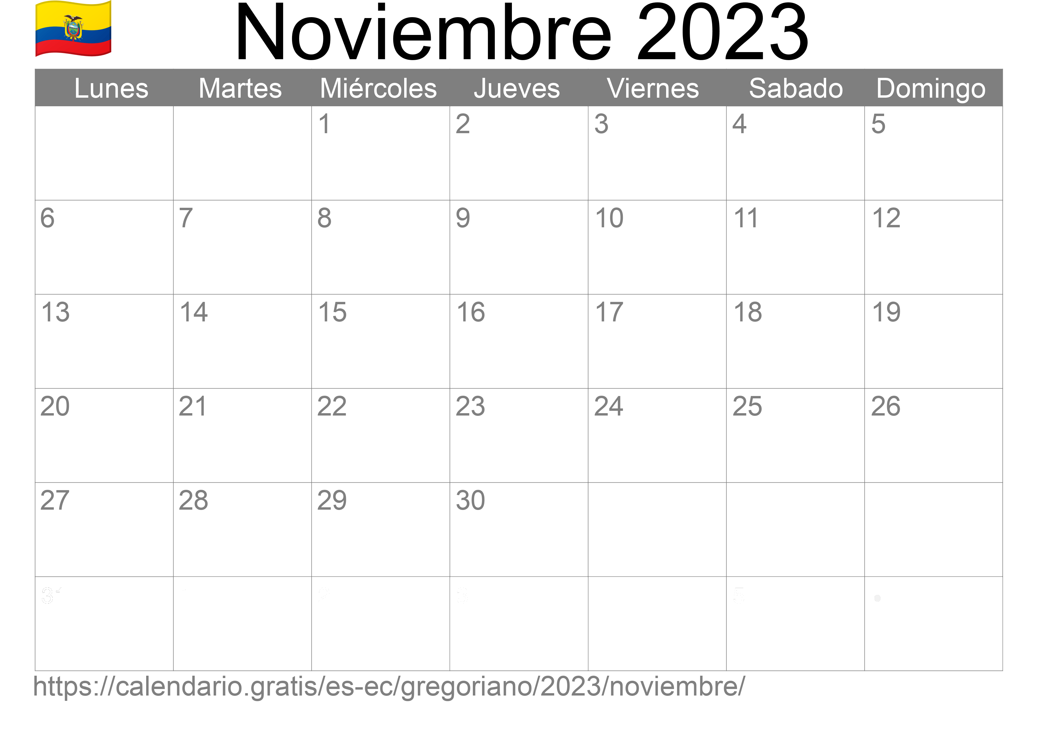 Calendario Noviembre 2023 para imprimir