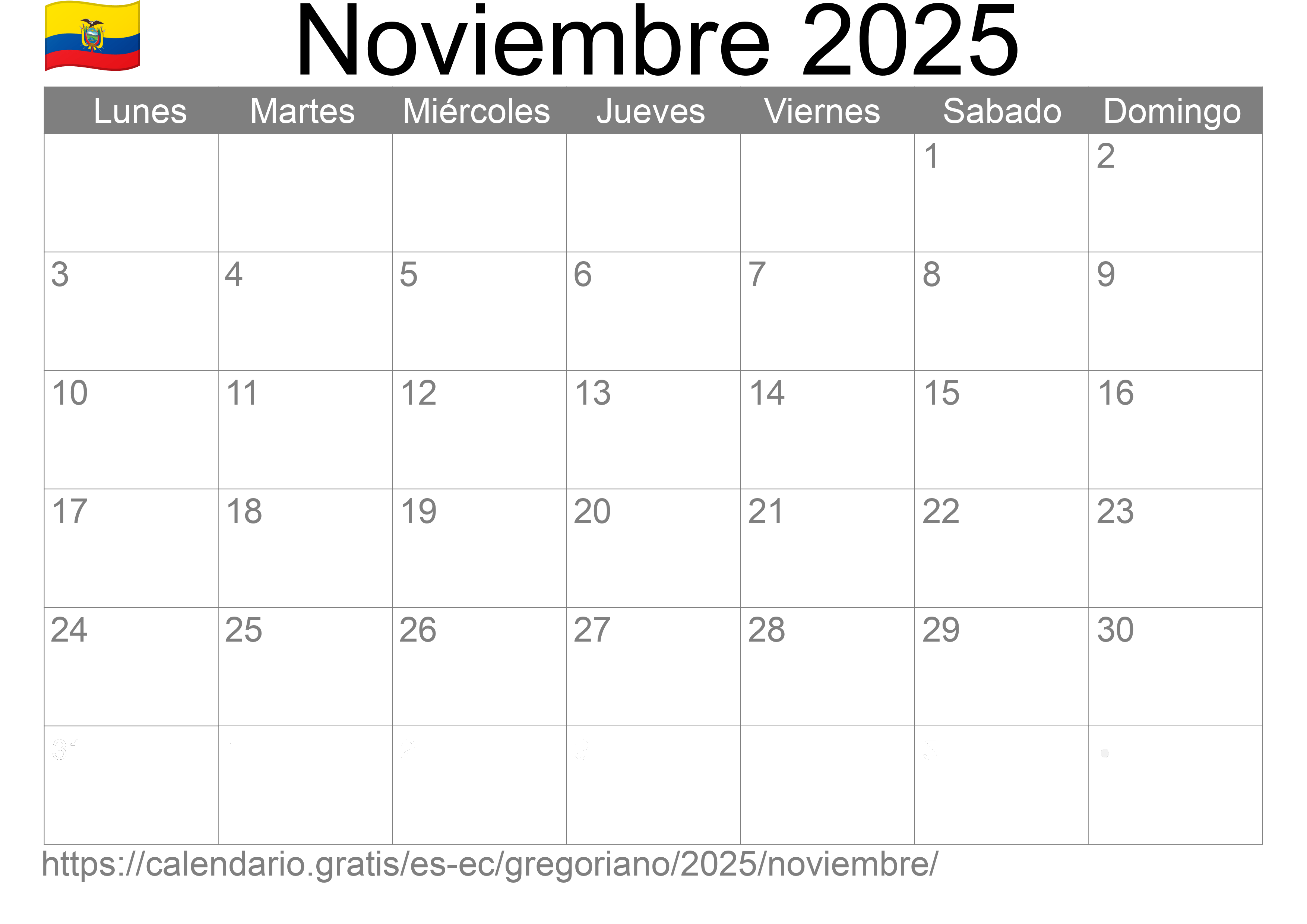 Calendario Noviembre 2025 para imprimir