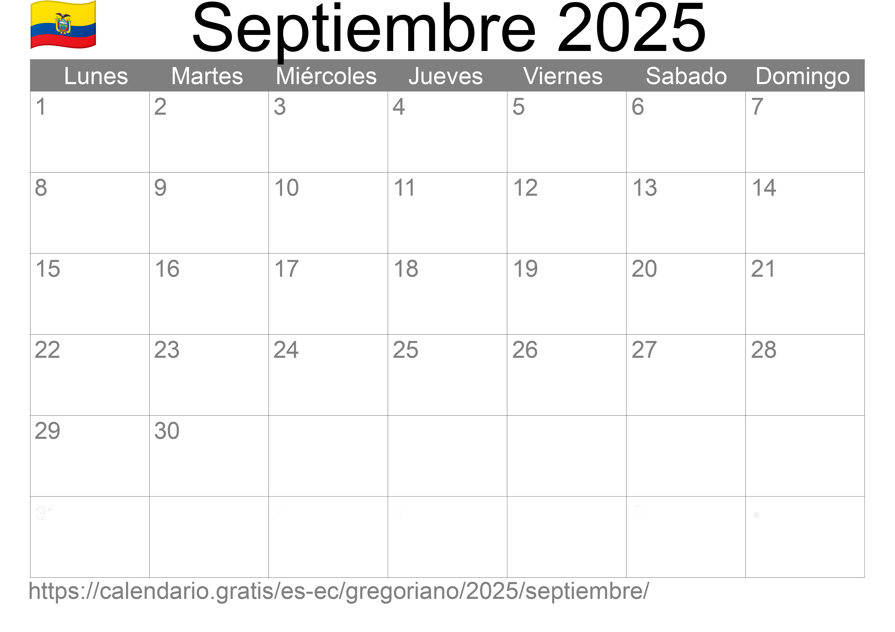 Calendario Septiembre 2025 de Ecuador en español Festivos y fase lunar