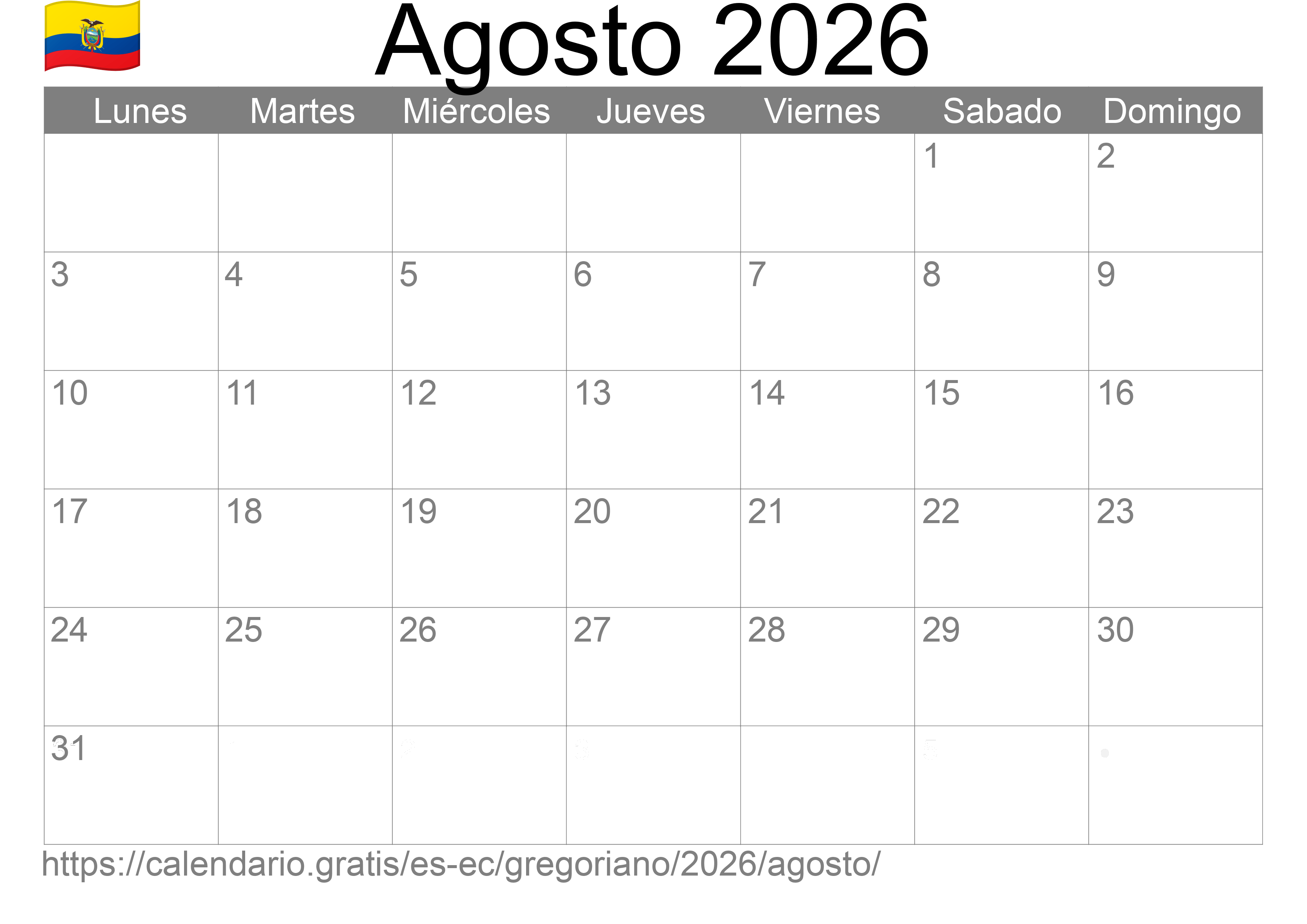 Calendario Agosto 2026 para imprimir