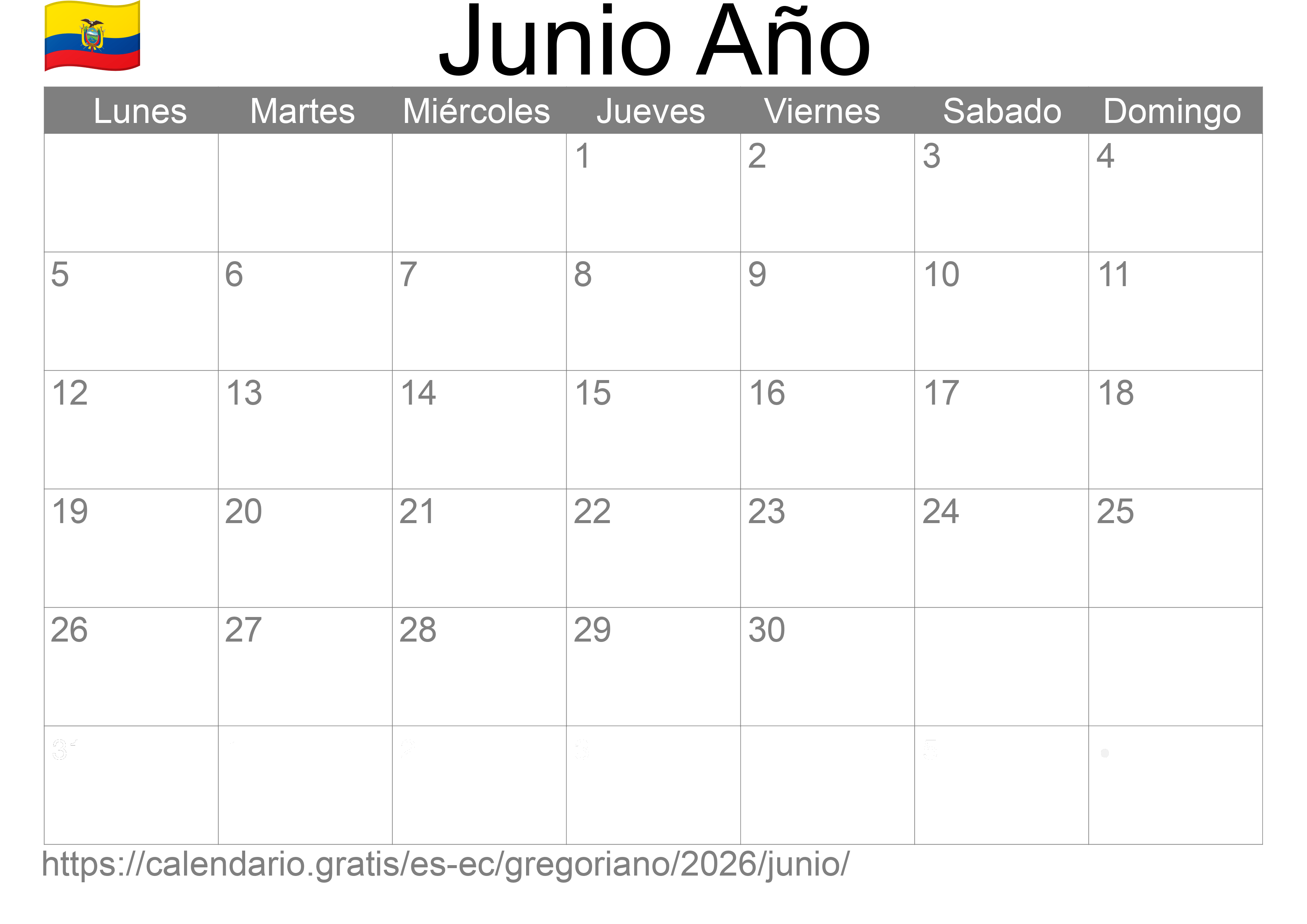 Calendario Junio 2026 para imprimir