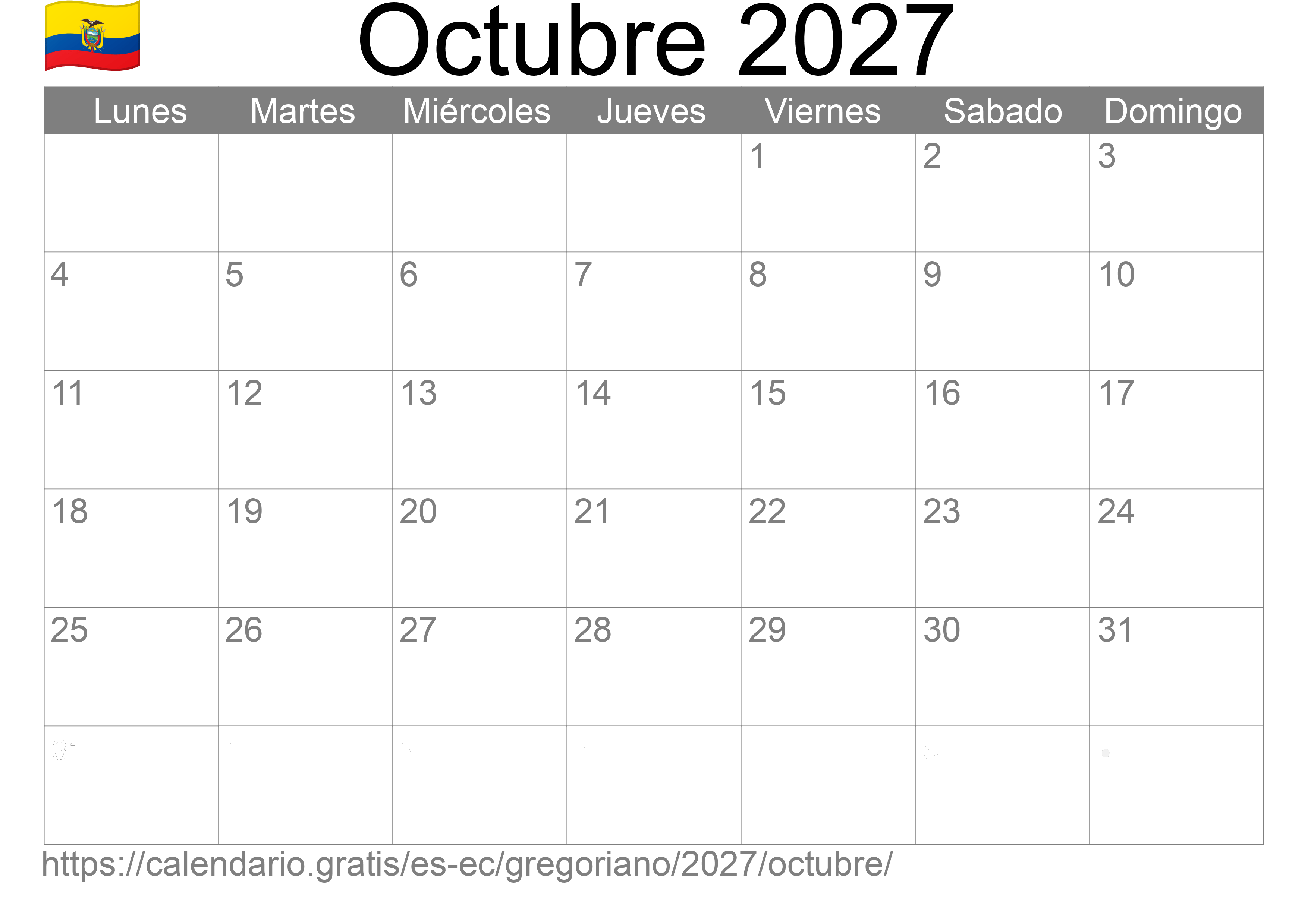 Calendario Octubre 2027 para imprimir