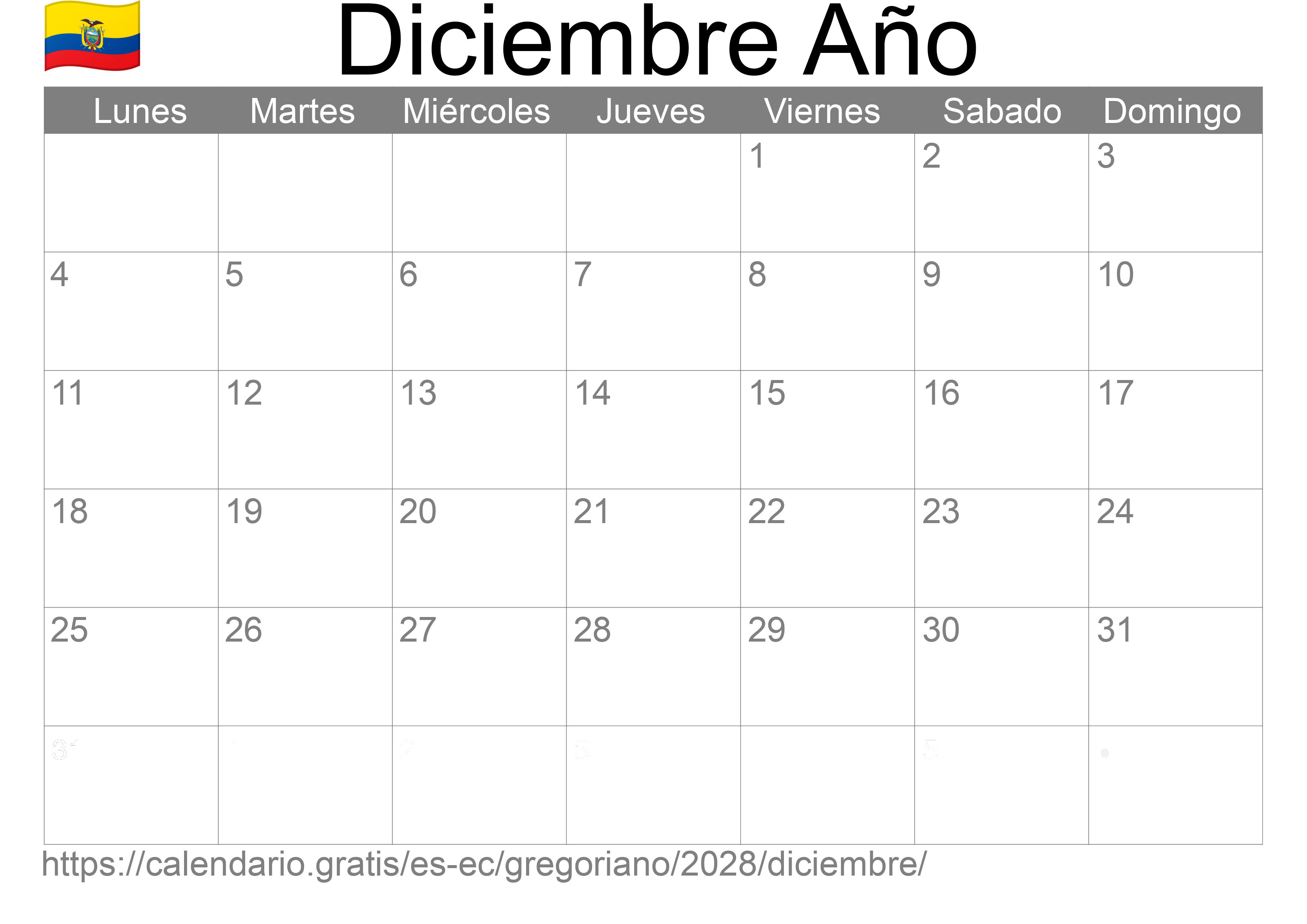 Calendario Diciembre 2028 para imprimir