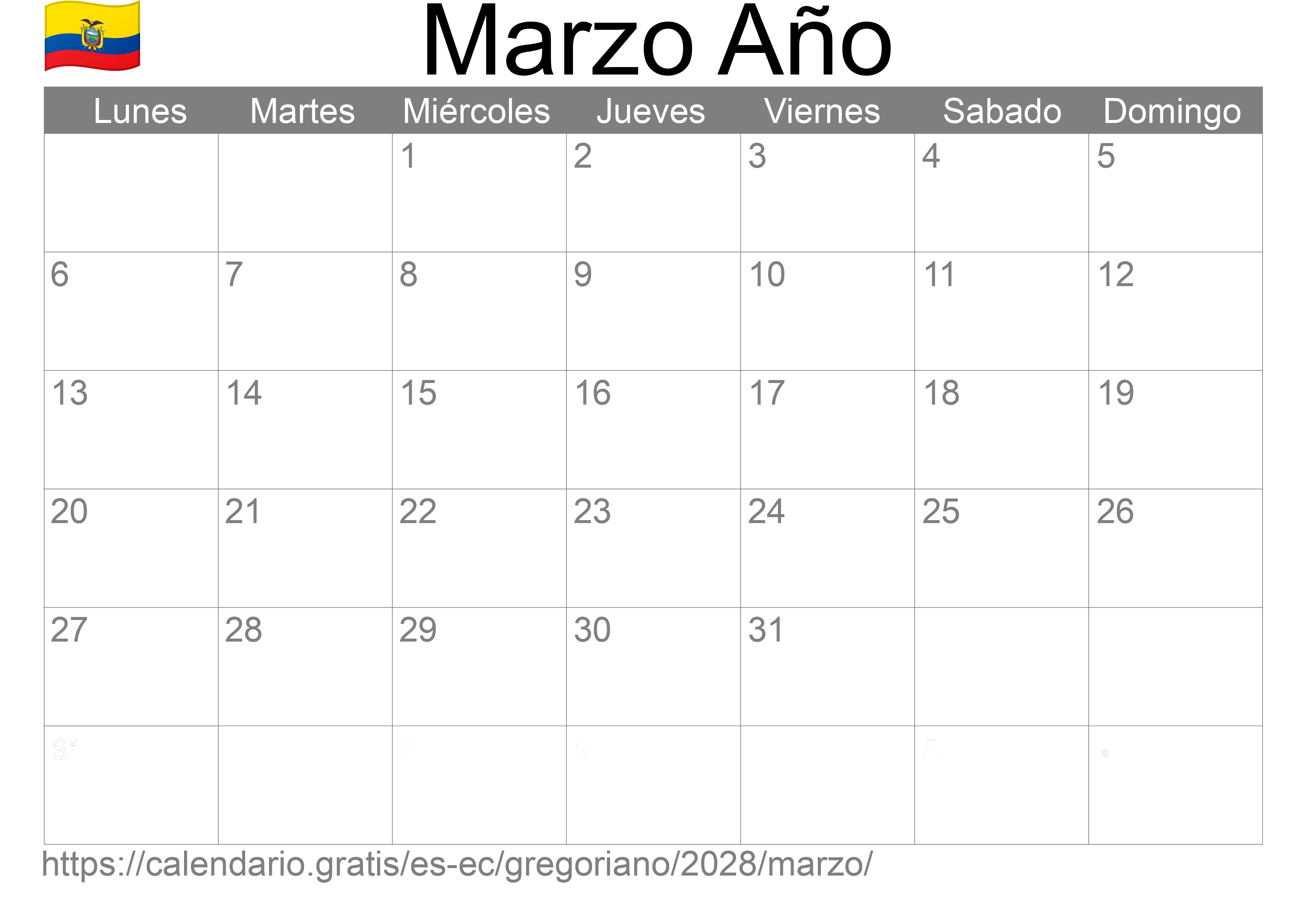 Calendario Marzo 2028 para imprimir