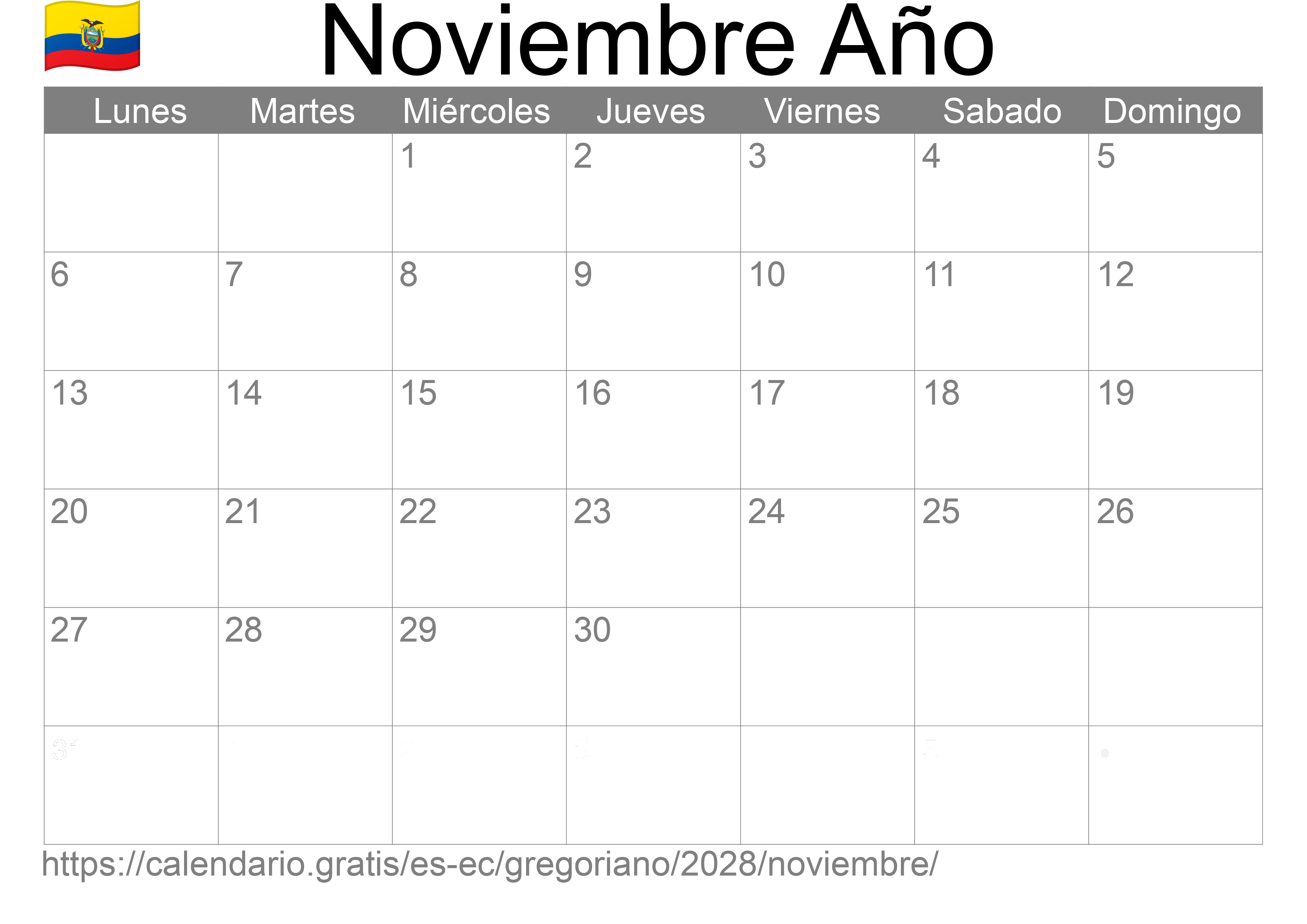 Calendario Noviembre 2028 para imprimir