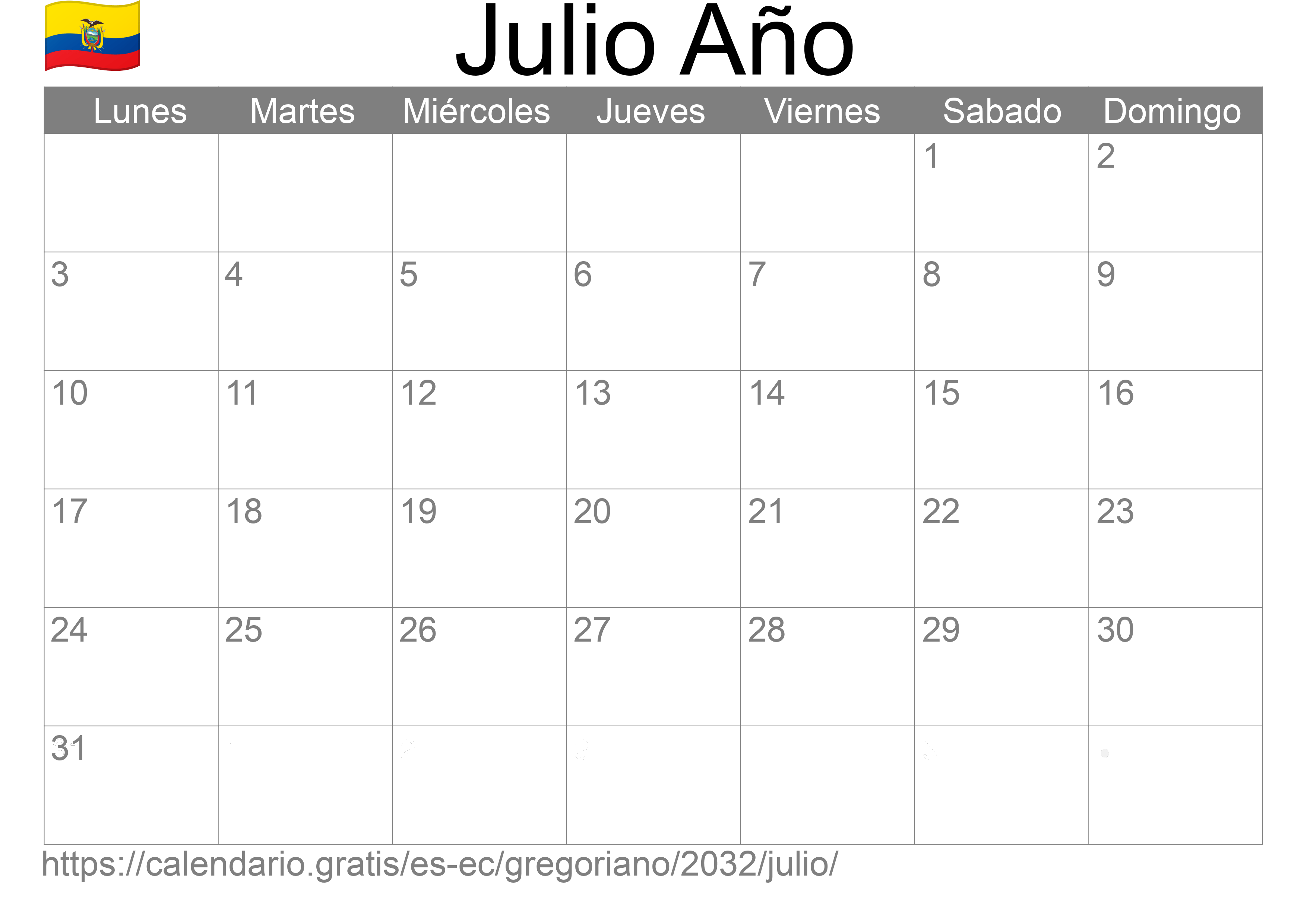 Calendario Julio 2032 para imprimir