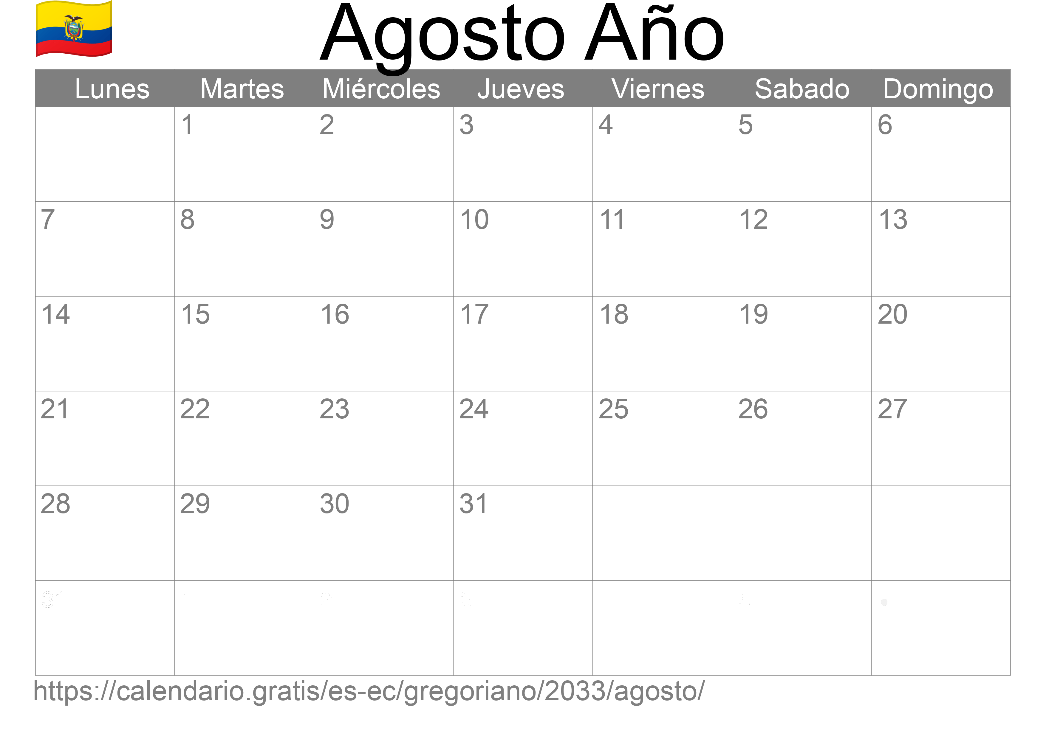 Calendario Agosto 2033 para imprimir