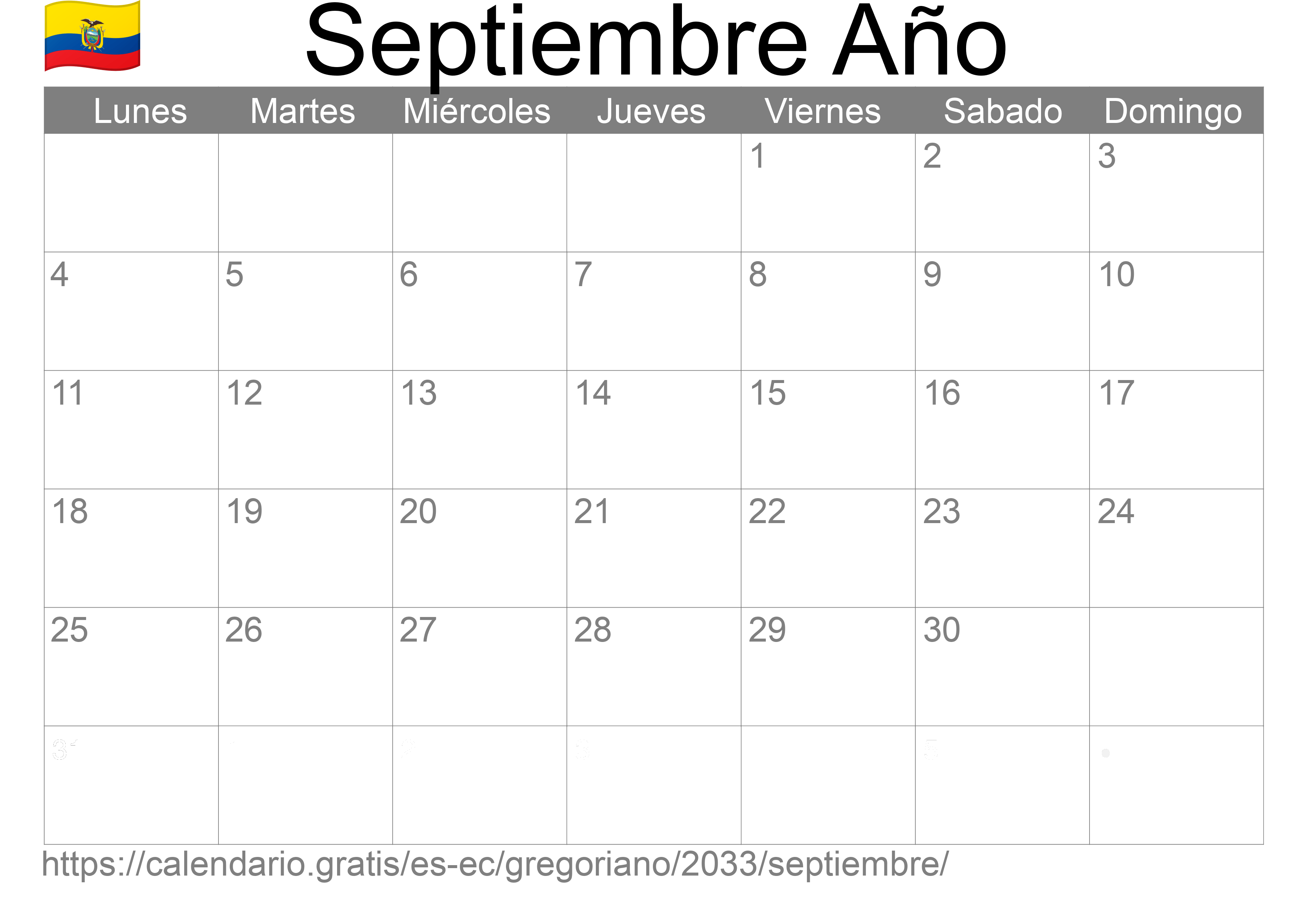 Calendario Septiembre 2033 para imprimir