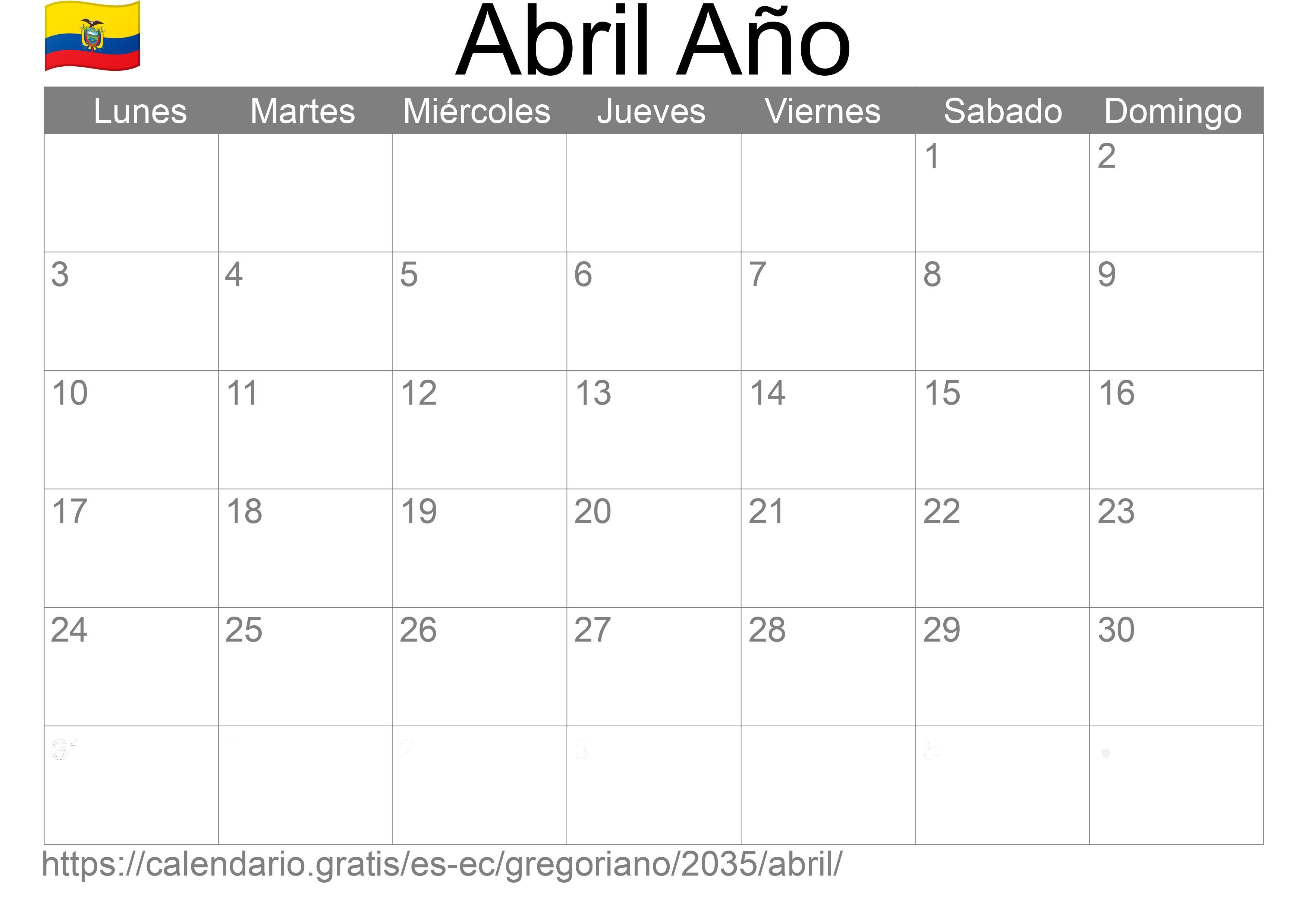 Calendario Abril 2035 para imprimir